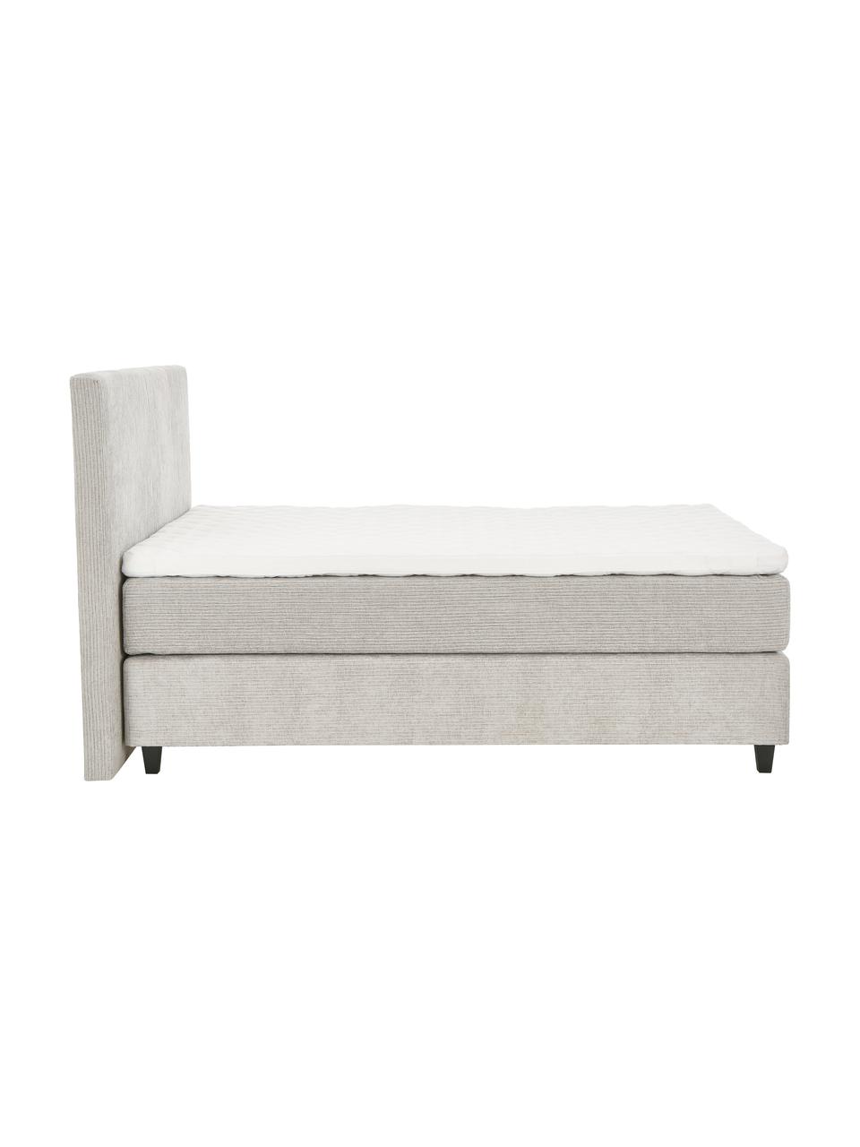 Letto boxspring in velluto a coste grigio chiaro Eliza, Materasso: nucleo a 5 zone di molle , Struttura: legno di pino massiccio, Piedini: legno di betulla massicci, Velluto a coste grigio chiaro, 200 x 200 cm, durezza 2