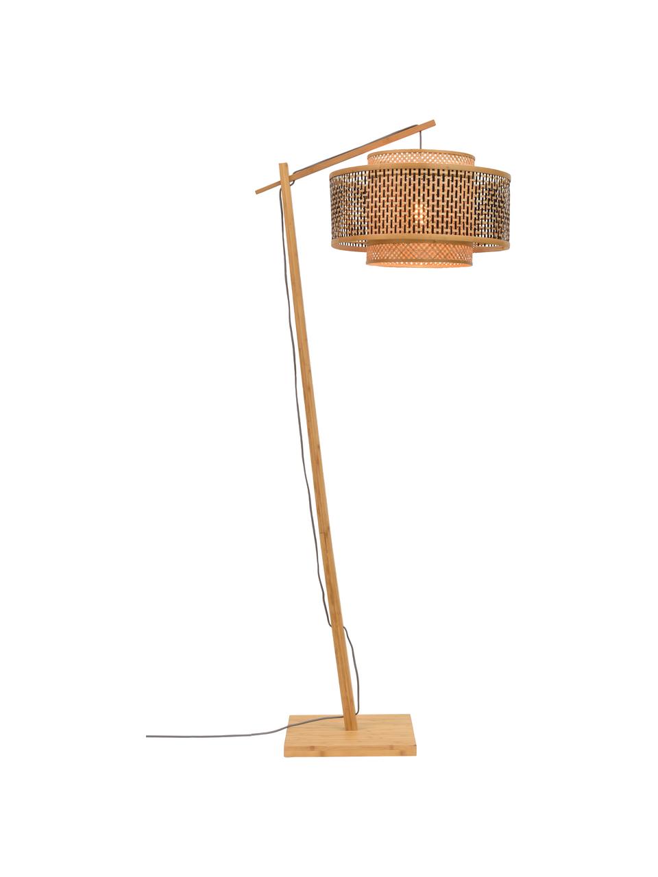 Grote booglamp Bhutan van bamboehout, Lampenkap: bamboe, Lampvoet: bamboe, Lichtbruin, zwart, grijs, Ø 50 x H 176 cm