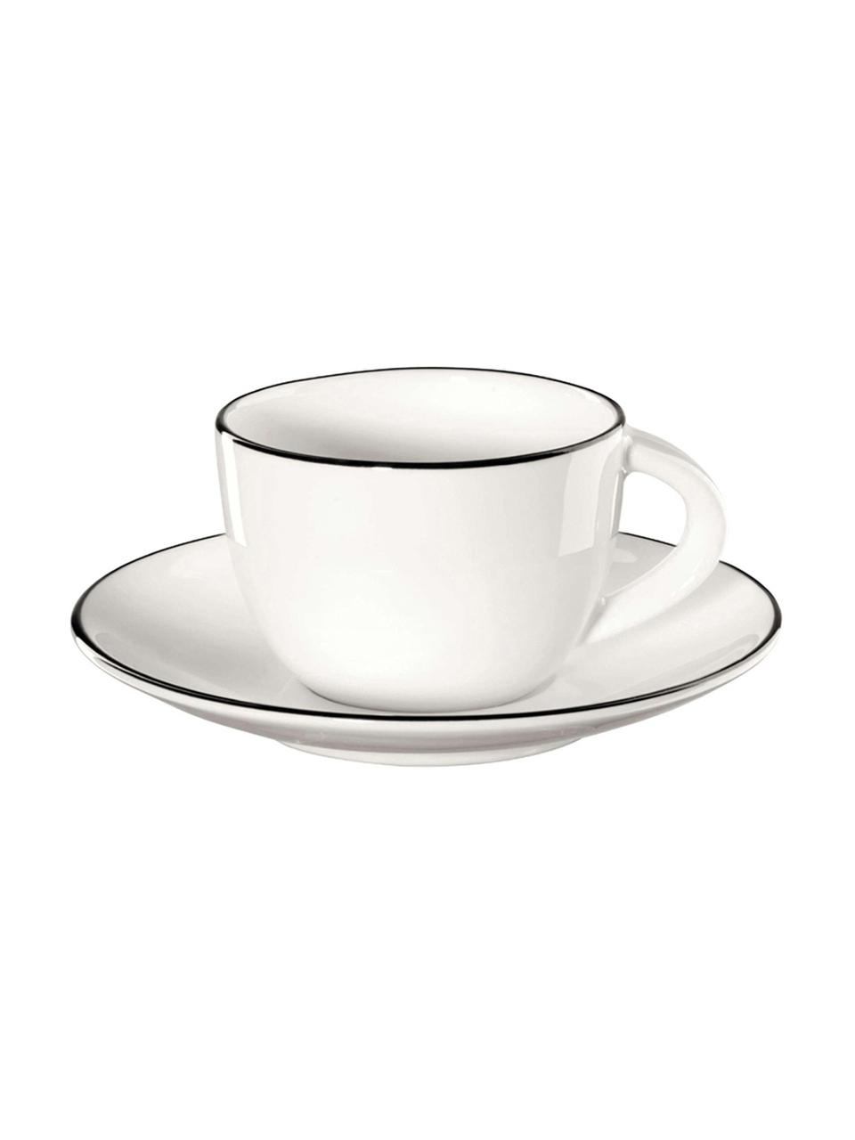 Espressotassen mit Untertassen á table ligne noir mit schwarzem Rand, 4 Stück, Fine Bone China (Porzellan)
Fine Bone China ist ein Weichporzellan, das sich besonders durch seinen strahlenden, durchscheinenden Glanz auszeichnet., Weiss Rand: Schwarz, Ø 6 x H 5 cm