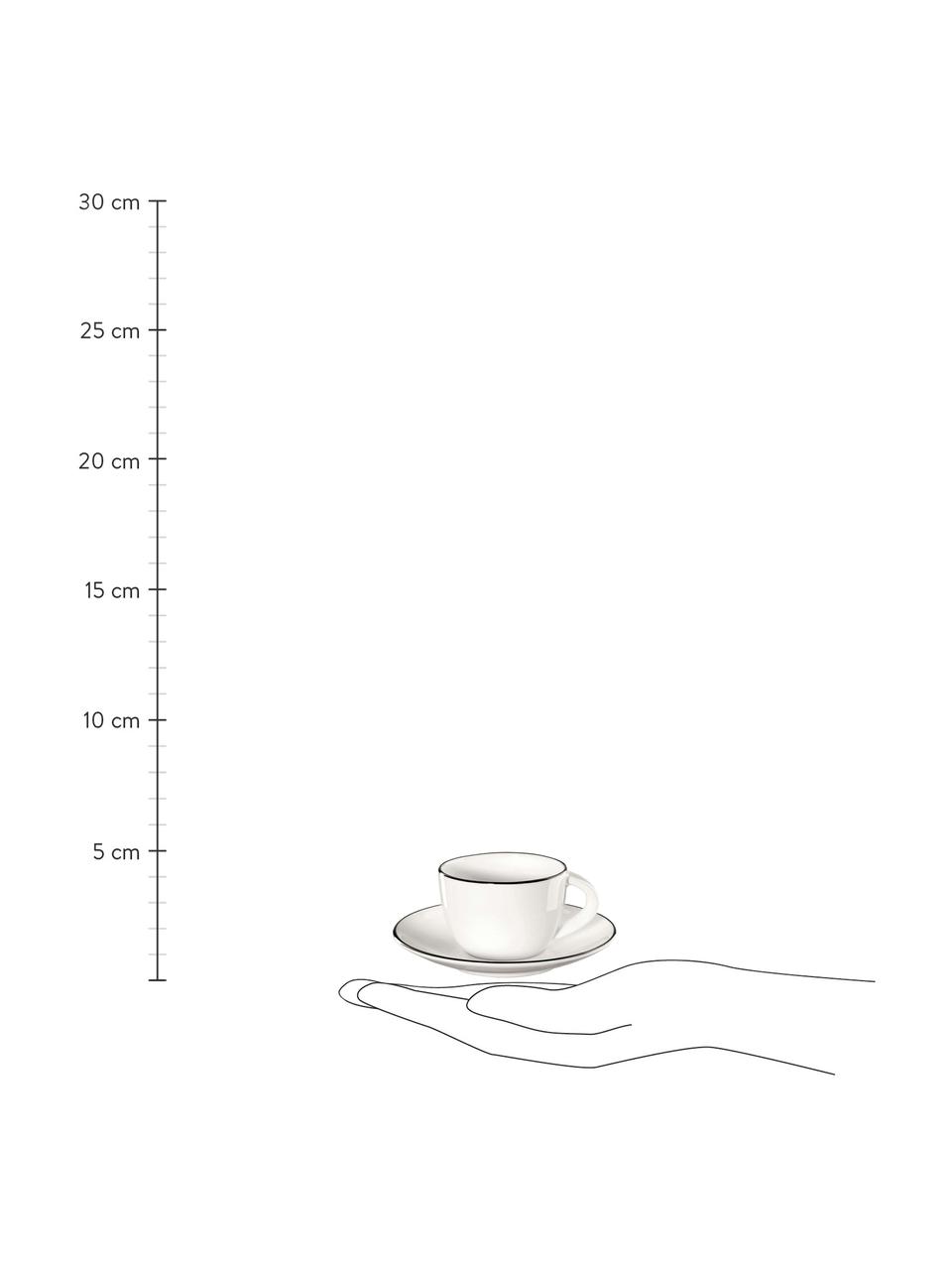 Tazas originales con platitos À Table, 4 uds., Porcelana Fine Bone China (fina de hueso)
Fine Bone China es una pasta de porcelana fosfática que se caracteriza por su brillo radiante y translúcido., Blanco, negro, Ø 6 x Al 5 cm