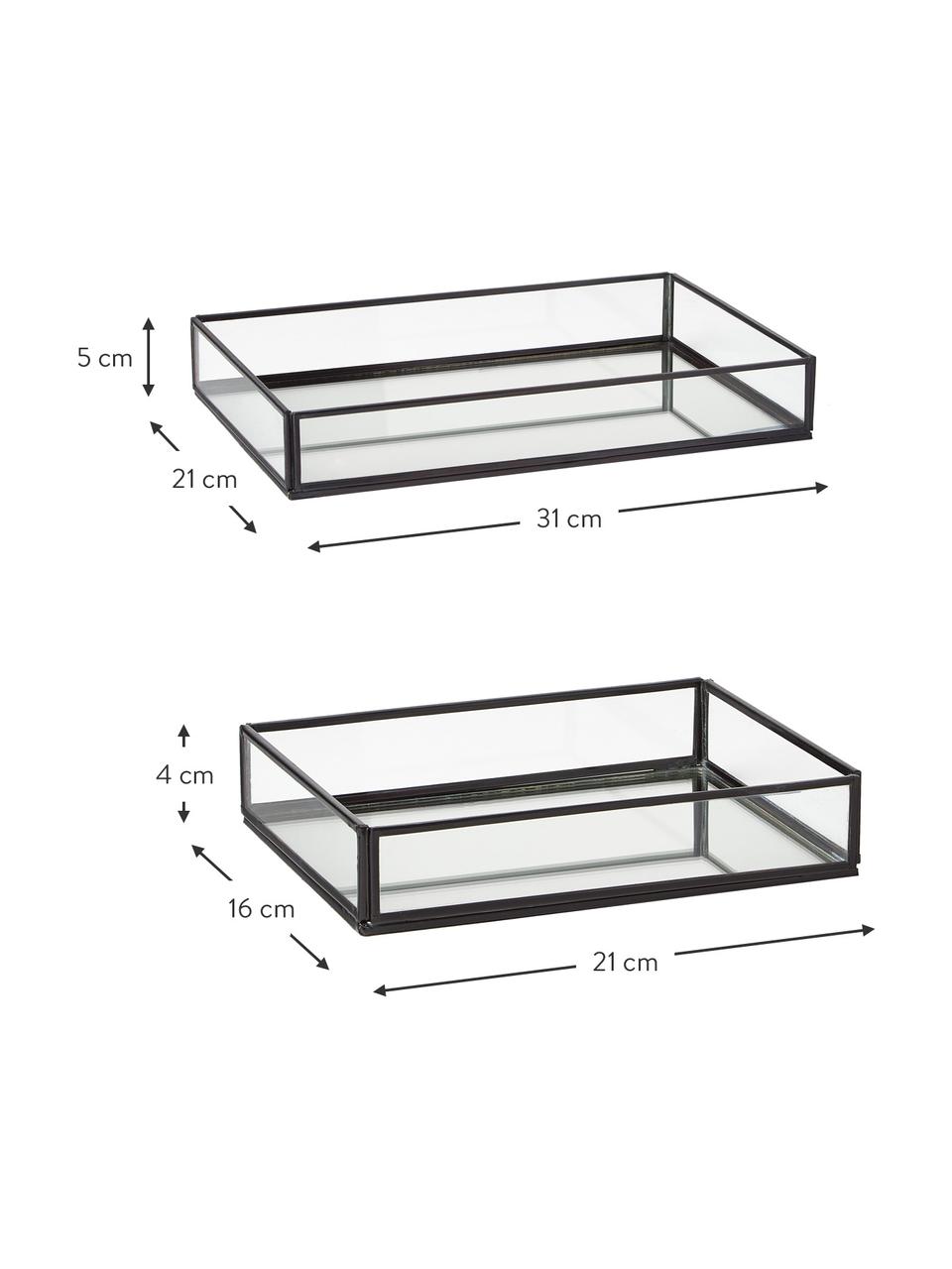 Handgefertigtes Dekotablett-Set Amari, 2-tlg., Rahmen: Metall, beschichtet, Transparent,Schwarz, Set mit verschiedenen Grössen