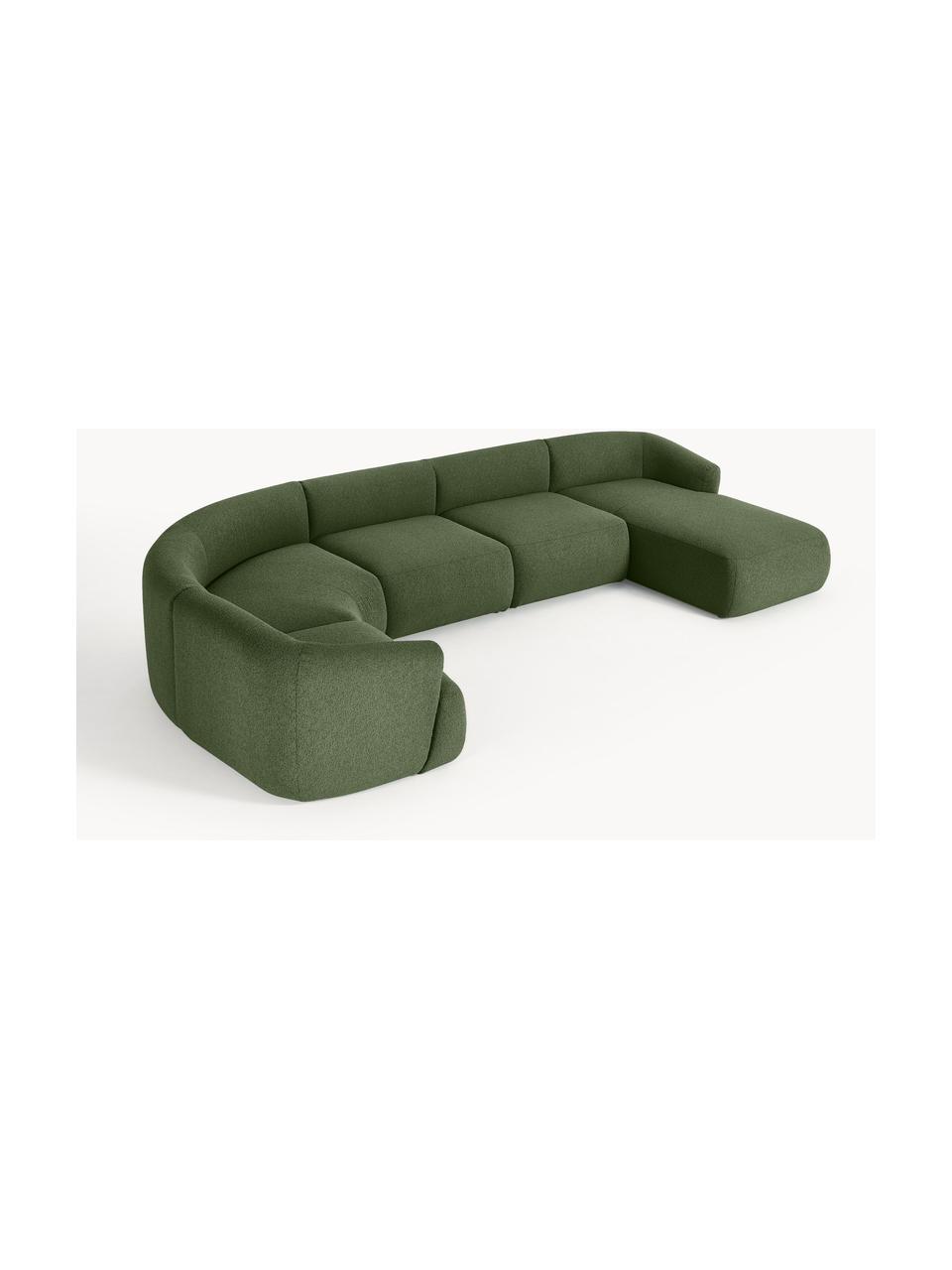 Sofa modułowa Bouclé Sofia, Tapicerka: Bouclé (100% poliester) D, Stelaż: drewno świerkowe, płyta w, Nogi: tworzywo sztuczne Ten pro, Ciemnozielony Bouclé, S 404 x G 231 cm, prawostronna