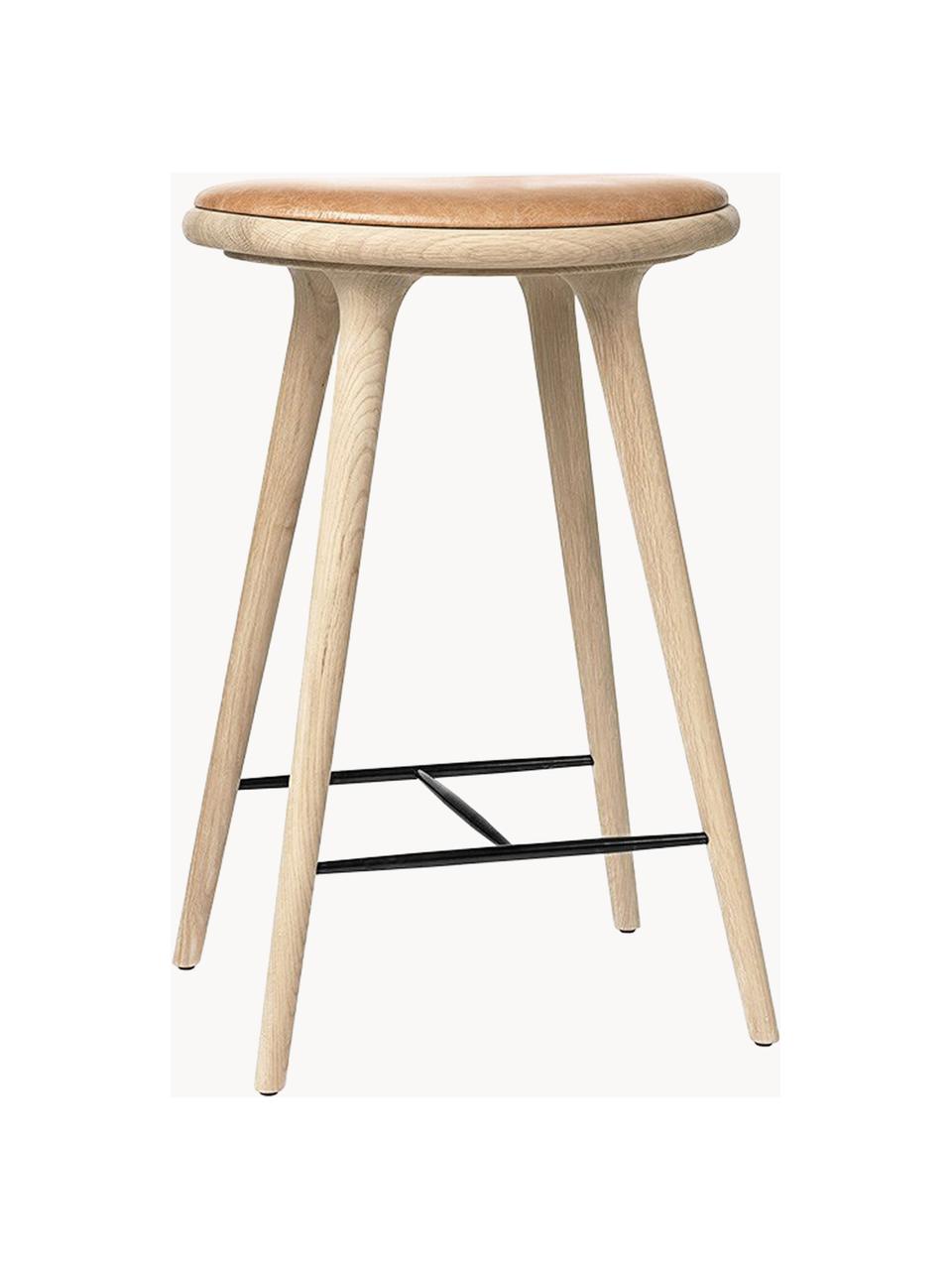 Sgabello da bar High Stool, Gambe: legno di quercia saponato, Seduta: pelle, Marrone chiaro, Alt. 69 cm