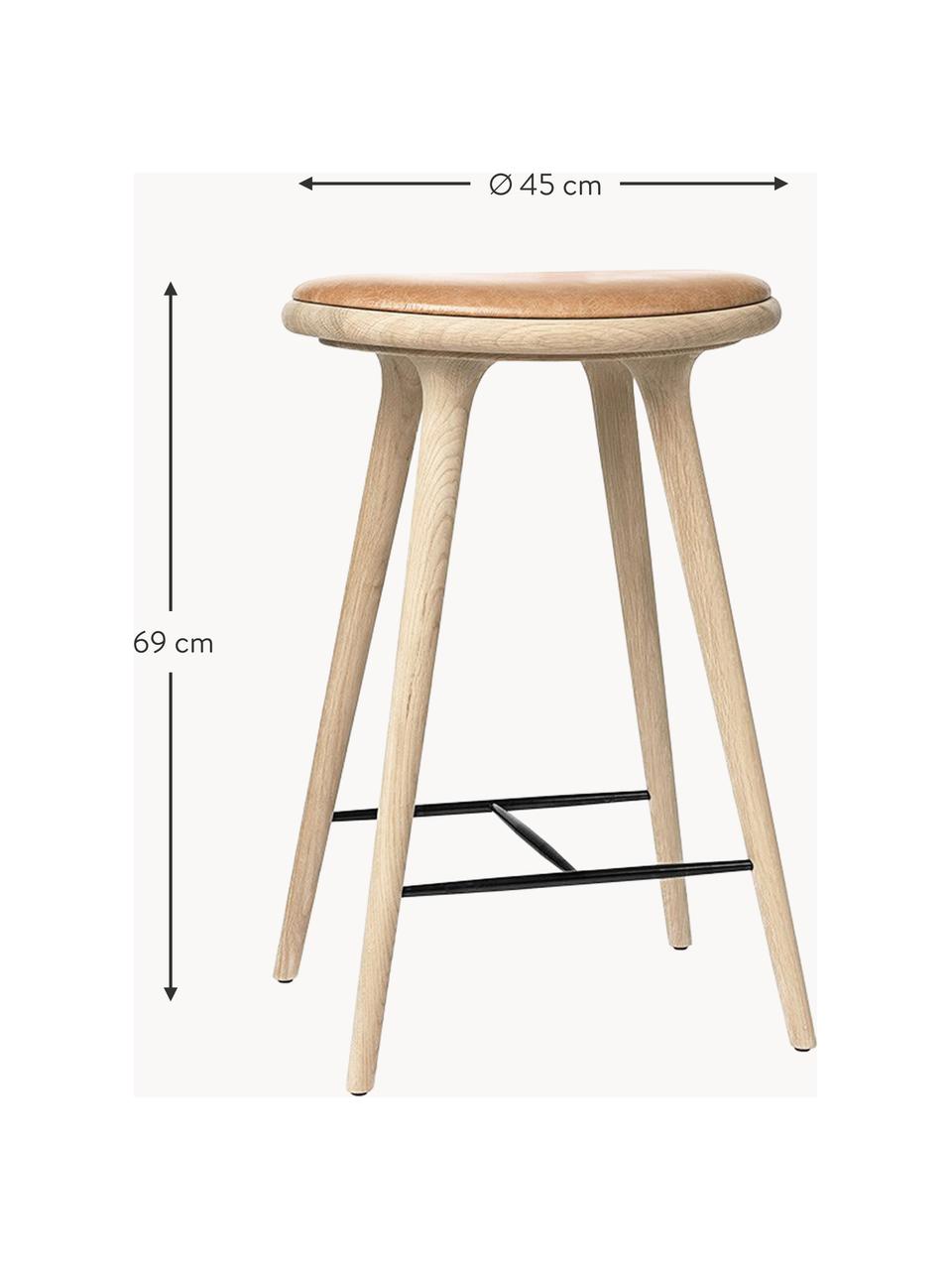 Barkruk High Stool, Poten: eikenhout, ingezeept, Zitvlak: leer, Lichtbruin, H 69 cm