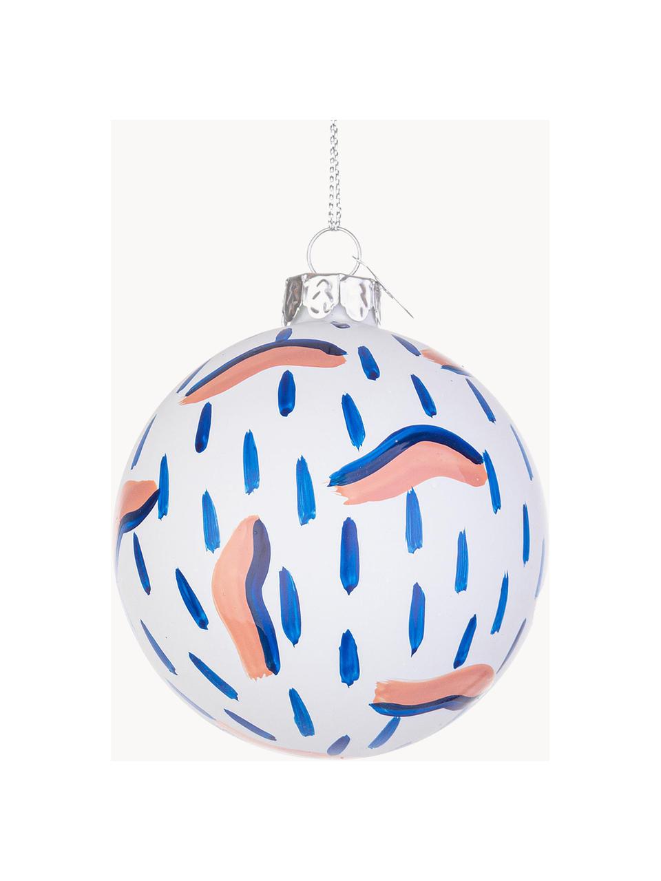 Boules de Noël Drawing, tailles variées, Verre, Blanc, bleu roi, pêche, Ø 10 x haut. 10 cm, 8 pièce