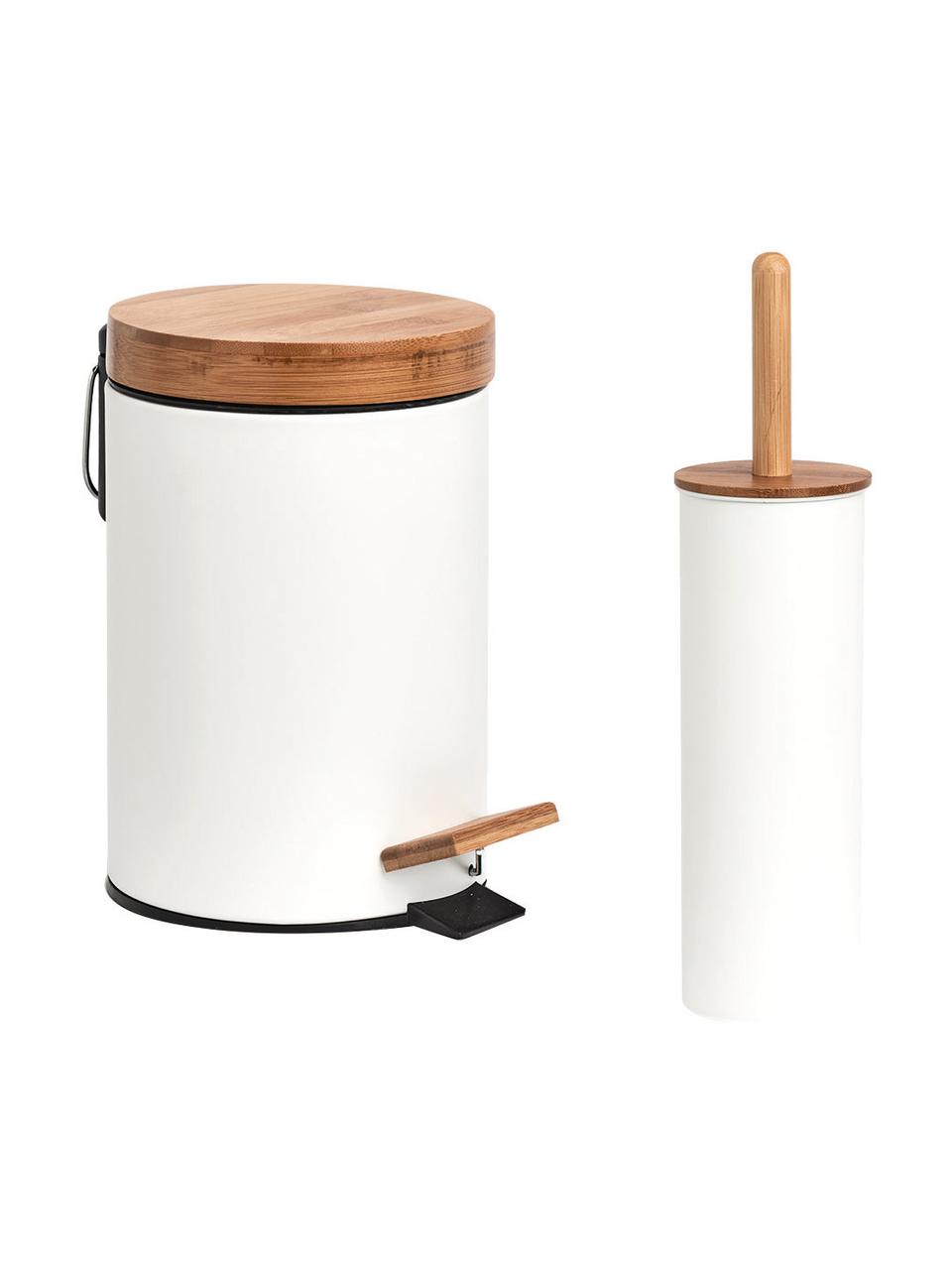 Scopino WC Tallin, Contenitore: metallo rivestito, Coperchio: bambù, Bianco, Ø 10 x Alt. 38 cm