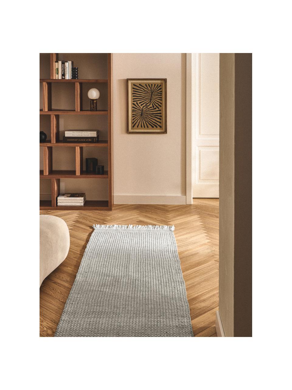 Tapis de couloir tissé à plat avec franges Ryder, 100 % polyester, certifié GRS, Gris clair, blanc, larg. 80 cm x long. 250 cm