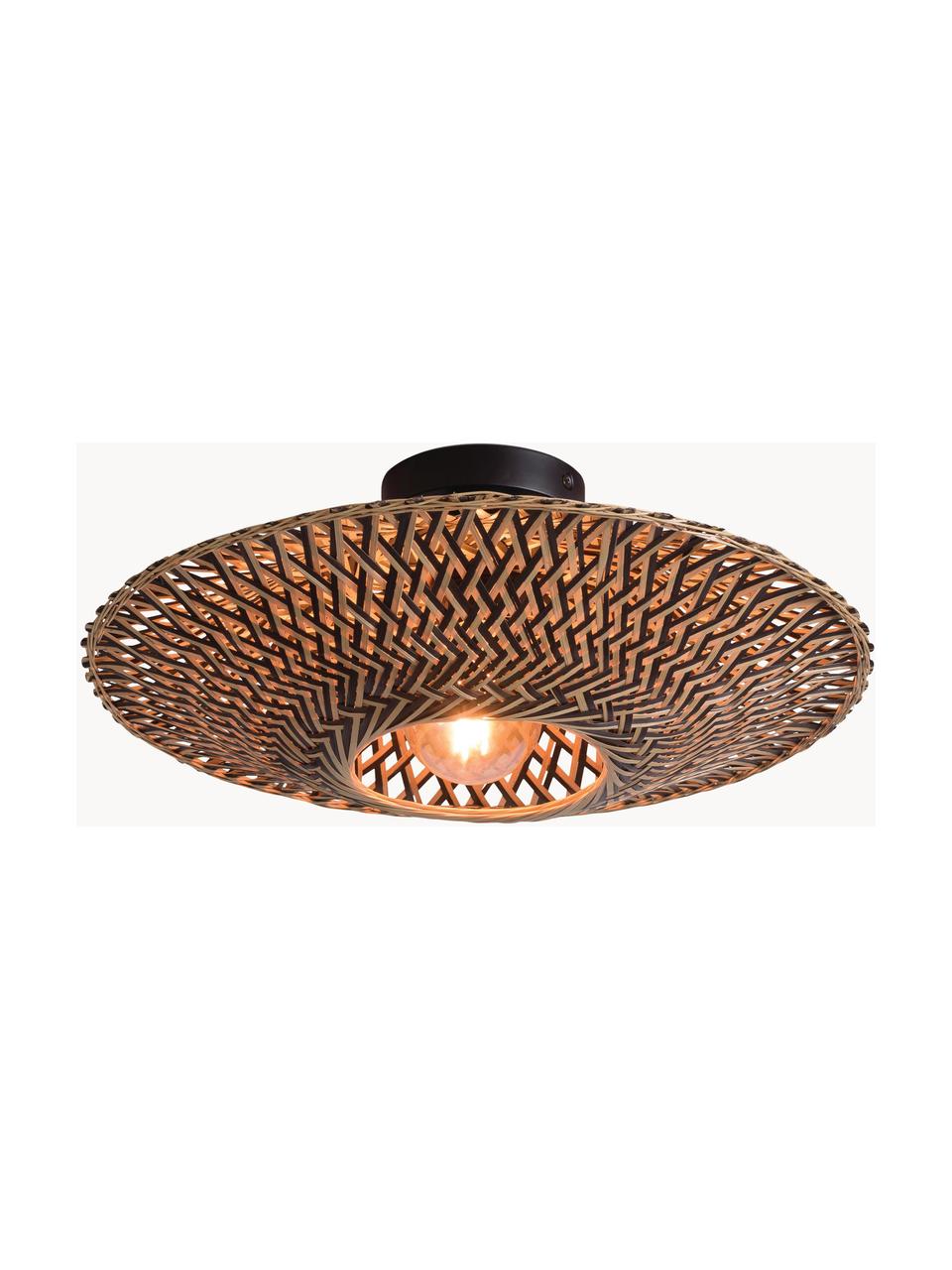 Boho plafondlamp Kalimantan, Lampenkap: bamboe, Baldakijn: gecoat metaal, Bruin, zwart, Ø 44 x H 12 cm