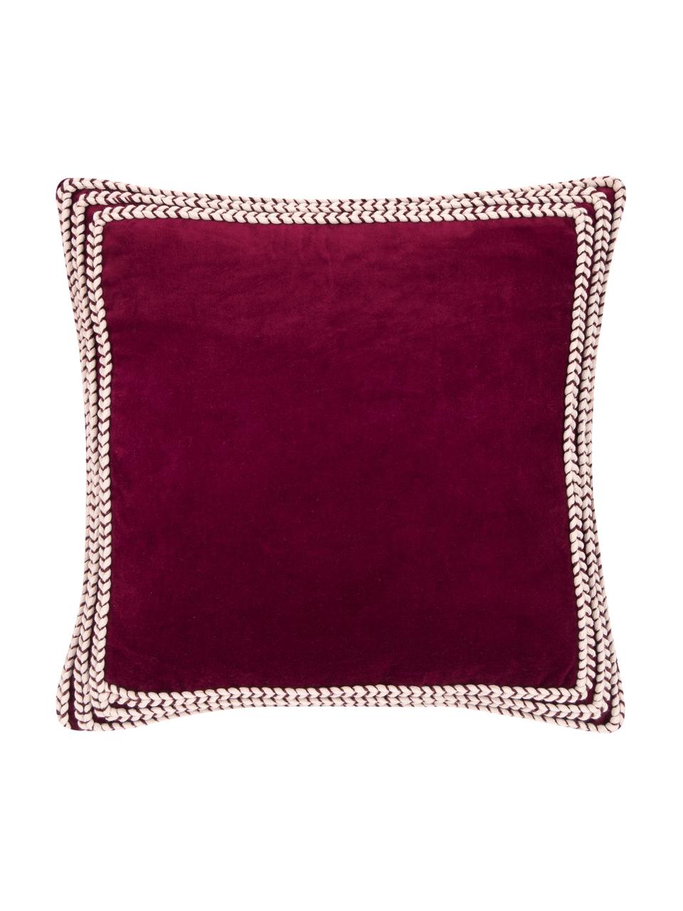 Federa arredo in velluto Martina, Retro: 100% cotone, Bordeaux, bianco crema, Larg. 45 x Lung. 45 cm