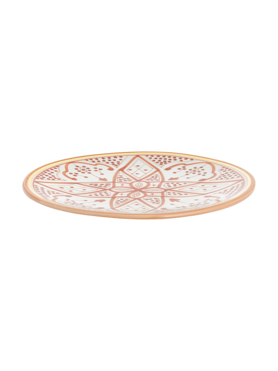 Handgemaakt Marokkaans dinerbord Beldi met gouden rand, Keramiek, Oranje, crèmekleurig, goudkleurig, Ø 26 x H 2 cm