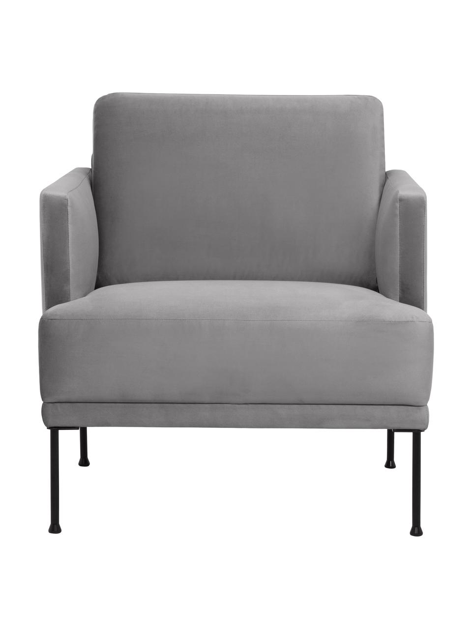 Fauteuil en velours et pieds en métal Fluente, Velours gris clair, larg. 74 x prof. 85 cm