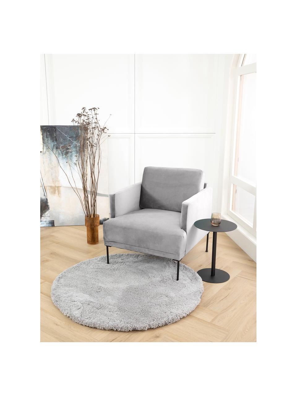 Fluwelen fauteuil Fluente in lichtgrijs met metalen poten, Bekleding: fluweel (hoogwaardig poly, Frame: massief grenenhout, FSC-g, Poten: gelakt metaal, Fluweel lichtgrijs, B 74 x D 85 cm
