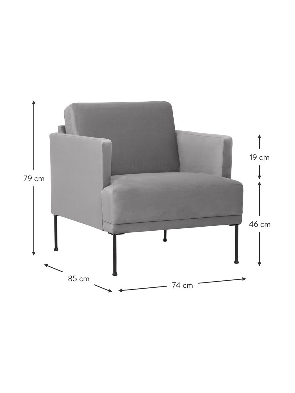 Sillón de terciopelo Fluente, Tapizado: terciopelo (poliéster de , Estructura: madera de pino maciza, Patas: metal con pintura en polv, Terciopelo gris claro, An 74 x F 85 cm