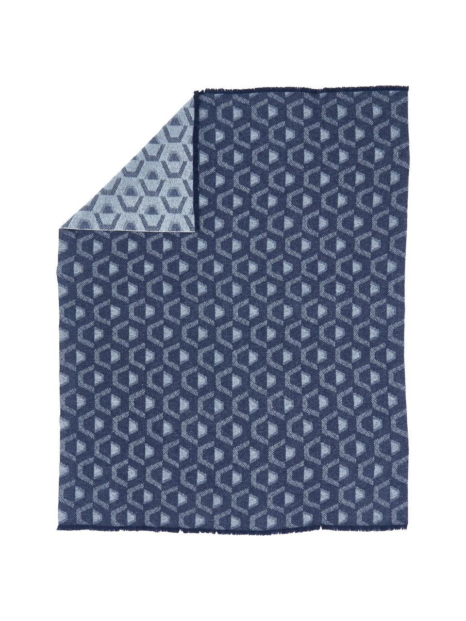 Coperta morbida con motivo grafico Blue Hour, 40% lana, 30% cotone, 14% poliammide, 9% poliacrilico, 7% altre fibre, Blu, blu scuro, Larg. 130 x Lung. 170 cm