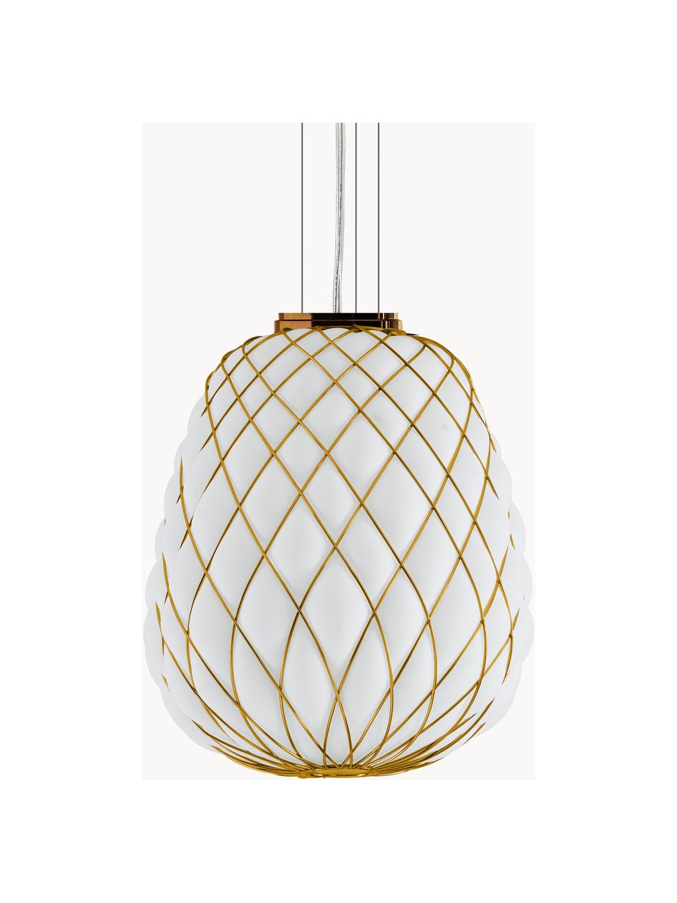 Lámpara de techo artesanal Pinecone, Pantalla: vidrio, metal galvanizado, Cable: transparente, Blanco, dorado, Ø 50 x Al 52 cm