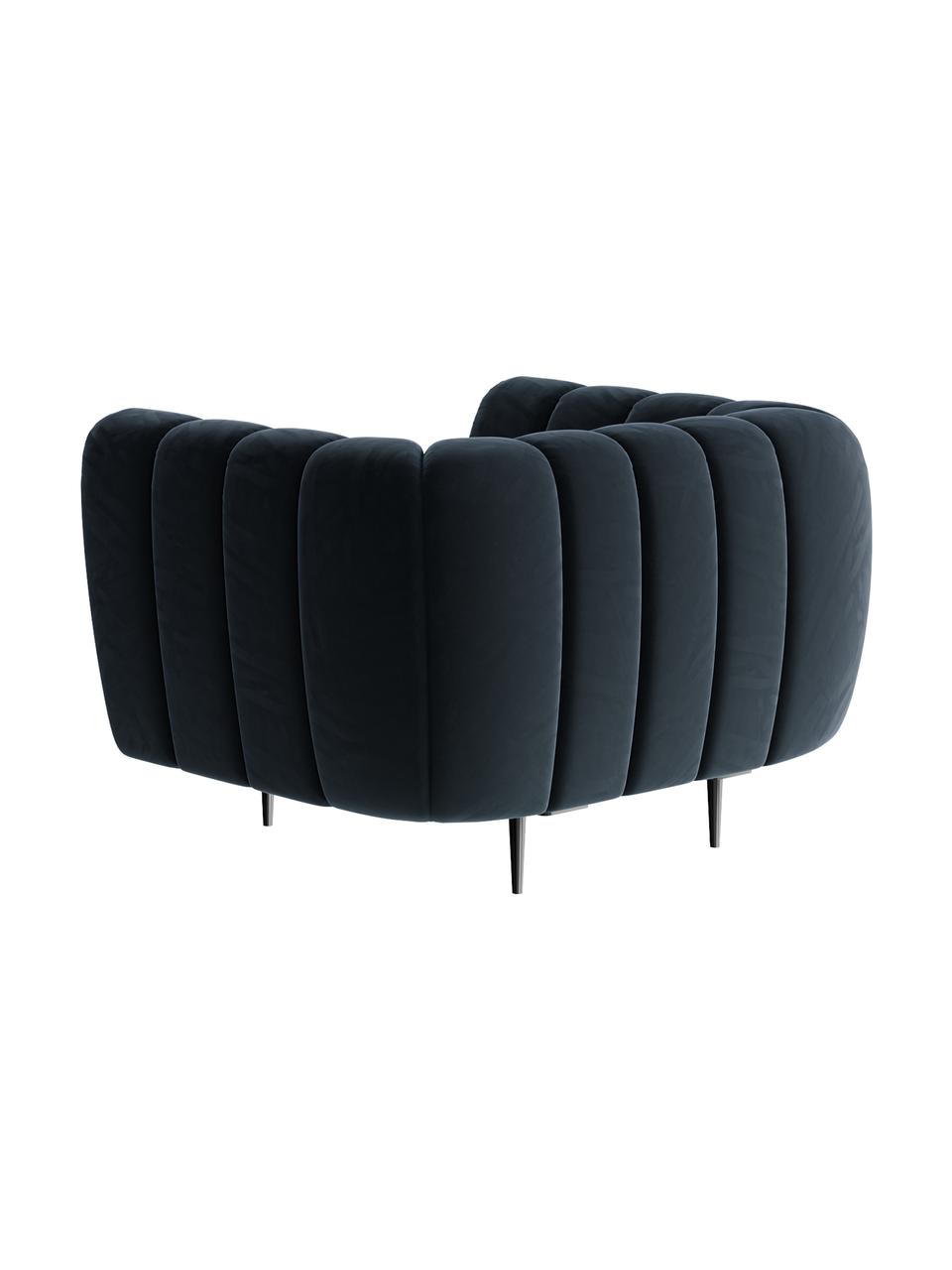 Sillón de terciopelo Shel, Tapizado: 100% terciopelo de poliés, Asiento: muelles ondulados, espuma, Estructura: madera dura, madera bland, Patas: metal recubierto, Terciopelo azul oscuro, patas negro, An 110 x F 95 cm