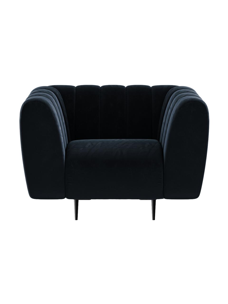 Sillón de terciopelo Shel, Tapizado: 100% terciopelo de poliés, Asiento: muelles ondulados, espuma, Estructura: madera dura, madera bland, Patas: metal recubierto, Terciopelo azul oscuro, patas negro, An 110 x F 95 cm