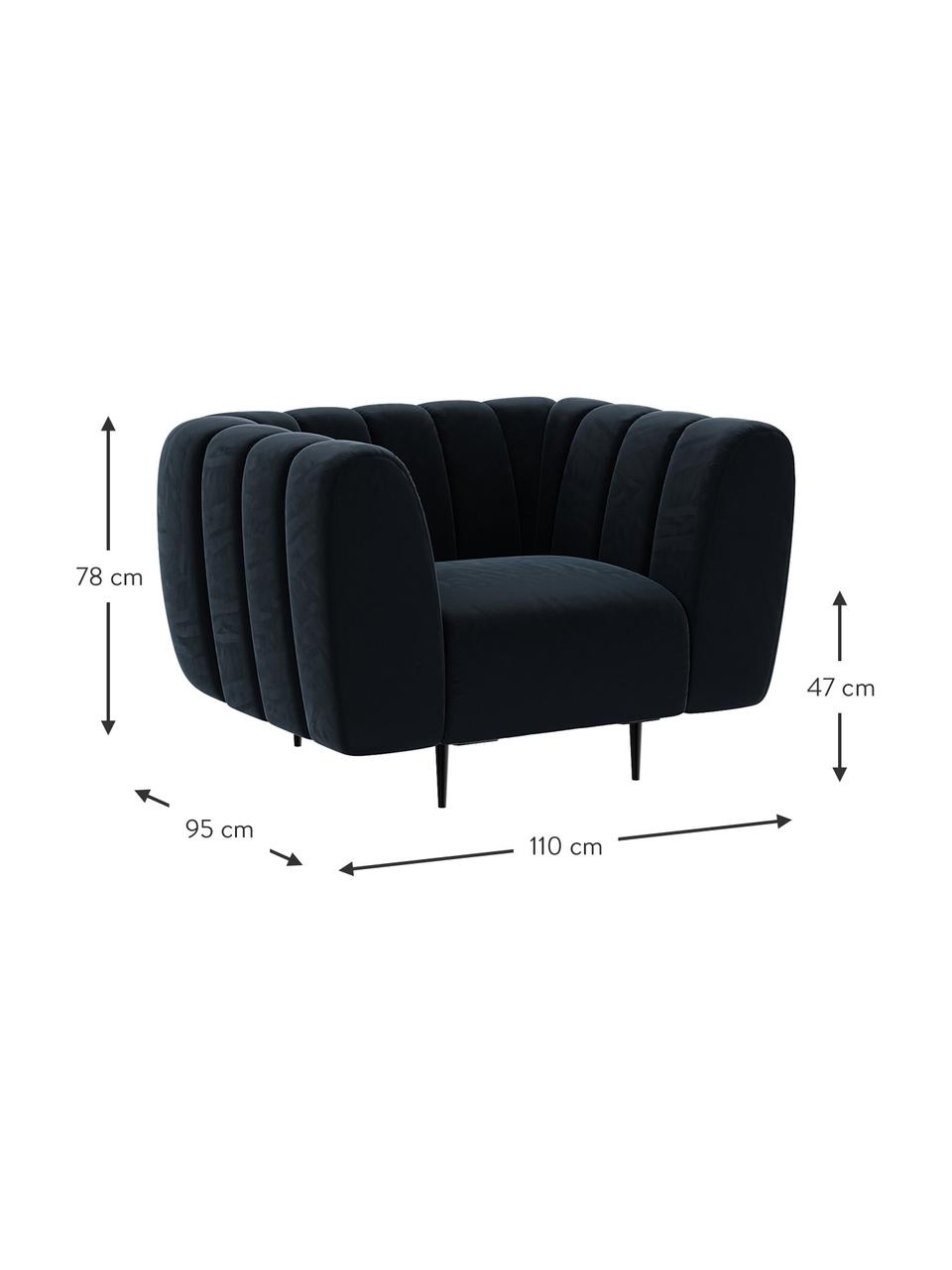 Poltrona in velluto blu scuro Shel, Rivestimento: 100% velluto di poliester, Struttura: legno duro, legno morbido, Piedini: metallo rivestito, Velluto blu scuro, nero, Larg. 110 x Prof. 95 cm