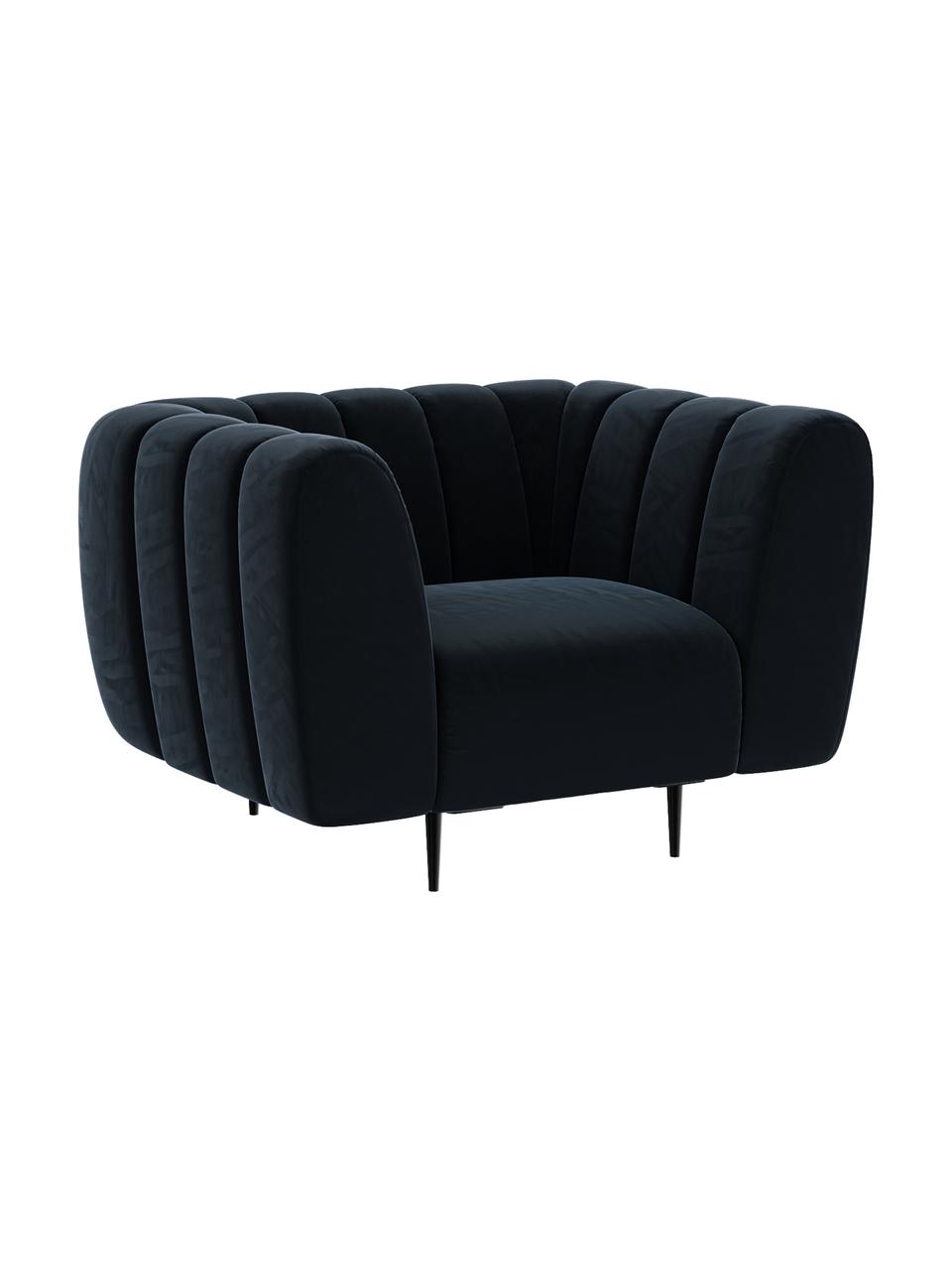 Sillón de terciopelo Shel, Tapizado: 100% terciopelo de poliés, Asiento: muelles ondulados, espuma, Estructura: madera dura, madera bland, Patas: metal recubierto, Terciopelo azul oscuro, patas negro, An 110 x F 95 cm