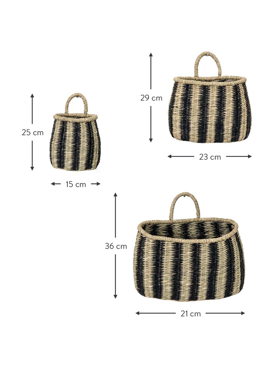 Paniers de rangement muraux Aleki, 3élém., Jonc de mer, Noir, beige, Lot de différentes tailles