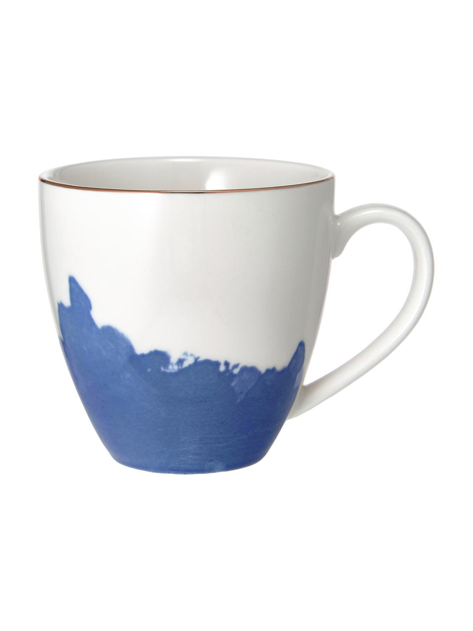 Tasse à café porcelaine avec motif abstrait et rebord doré Rosie, 2 pièces, Porcelaine, Blanc, bleu, Ø 12 x haut. 9 cm