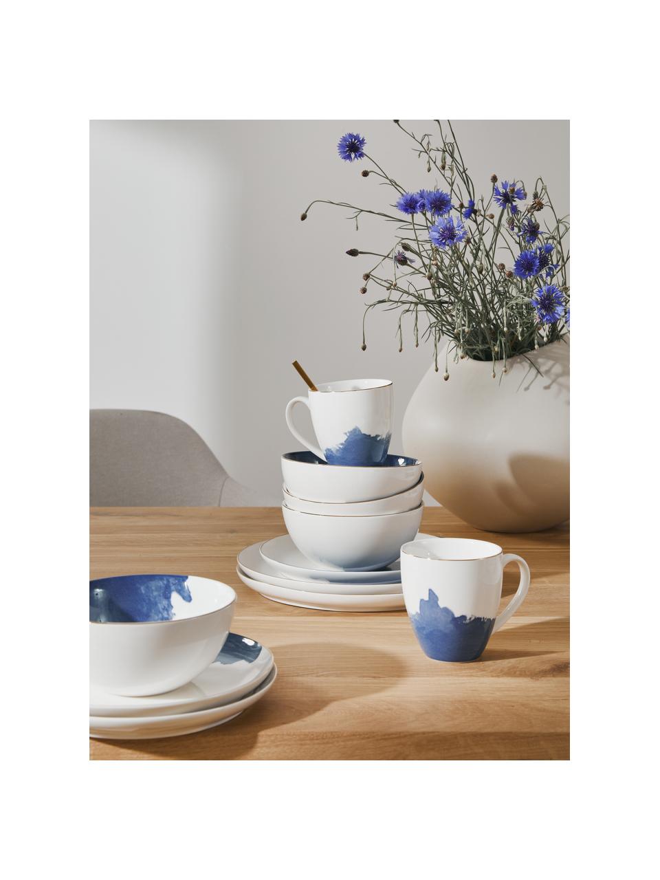 Porzellan Kaffeetasse Rosie mit abstraktem Muster und goldfarbenem Rand, 2 Stück, Porzellan, Weiß,Blau, Ø 12 x H 9 cm