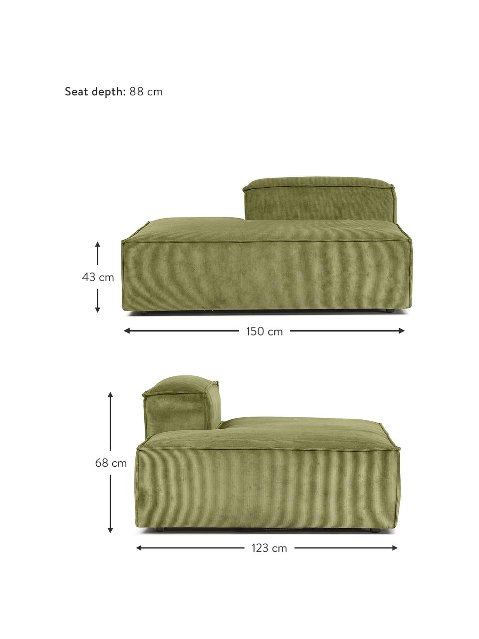 Chaise longue module Lennon in groen van corduroy, Bekleding: Koord (92 % polyester, 8 , Frame: massief hout, multiplex, Poten: kunststof, Corduroy groen, B 150 x H 68 cm, rugleuning rechts