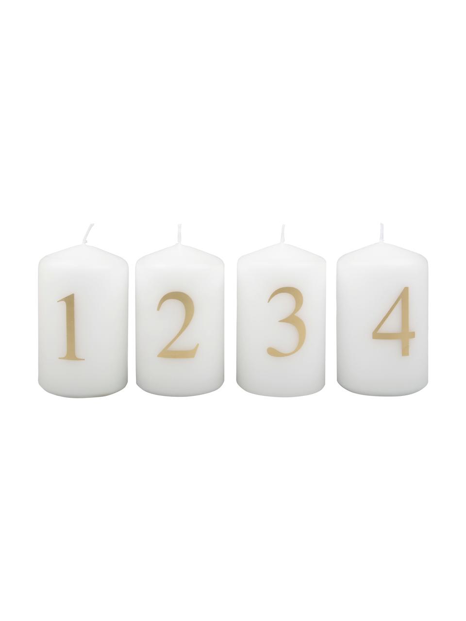 Adventskaarsen Aven H 9 cm, 4 stuks, Paraffinewas, Wit, goudkleurig, Ø 6 cm