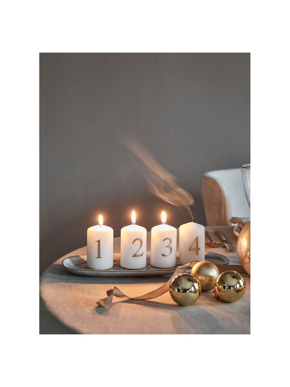 Set 4 candele dell'Avvento Aven, alt. 9 cm, Cera paraffinica, Bianco, dorato, Ø 6 x Alt. 9 cm