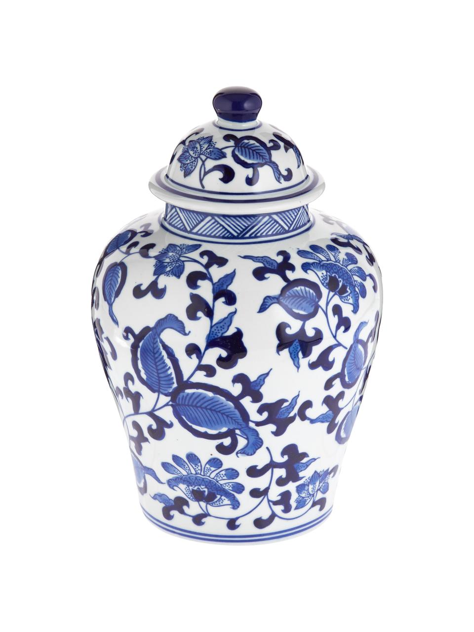 Wazon z porcelany z pokrywką Annabelle, Porcelana, Biały, niebieski, Ø 16 x 26 cm