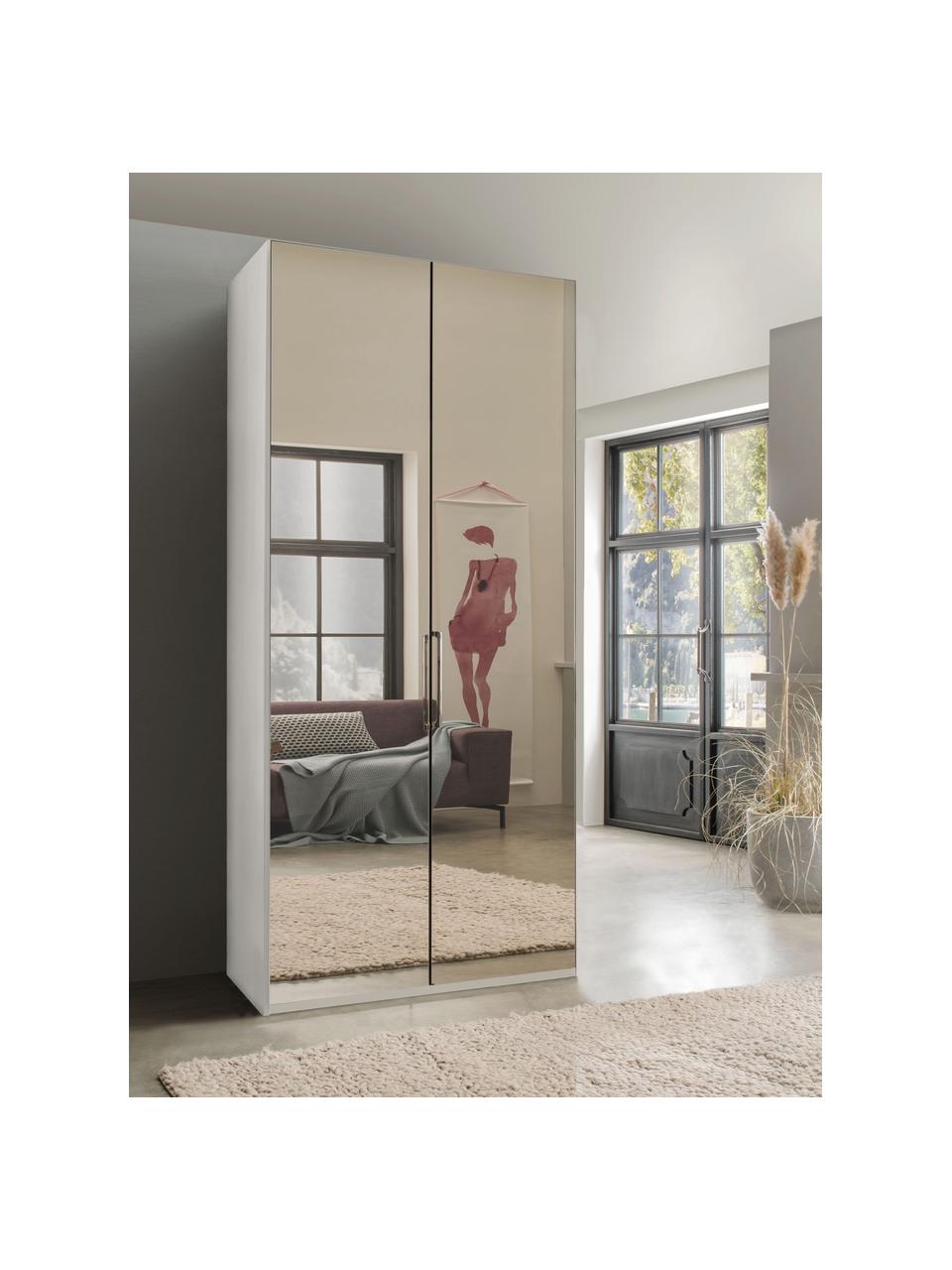 Armoire Monaco, 2 portes battantes, Blanc, portes miroir, larg. 100 x haut. 216 cm
