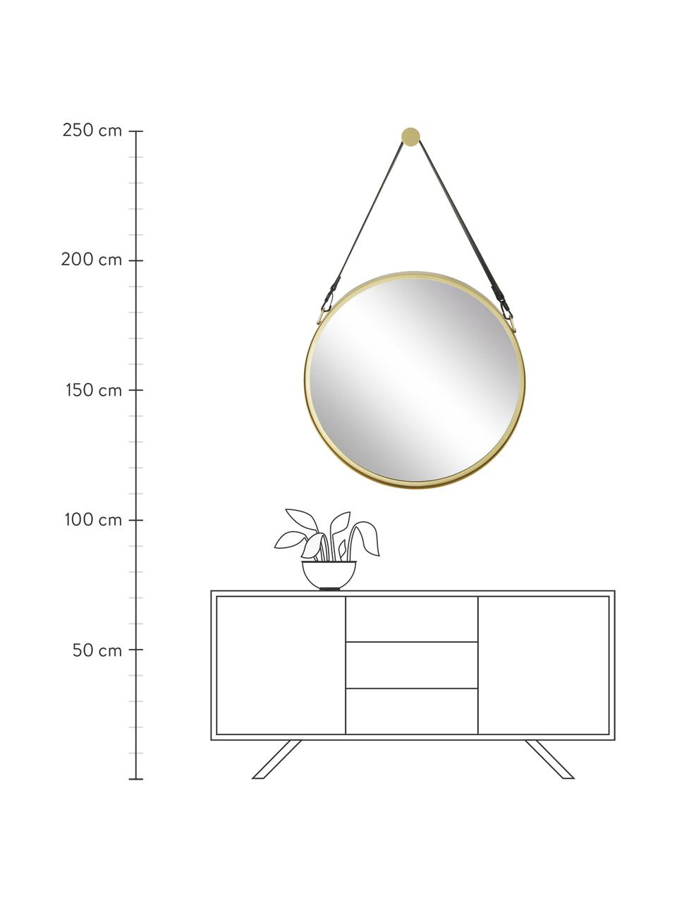 Runder Wandspiegel Liz mit schwarzer Lederschlaufe, Spiegelfläche: Spiegelglas, Rückseite: Mitteldichte Holzfaserpla, Gold, Ø 80 cm