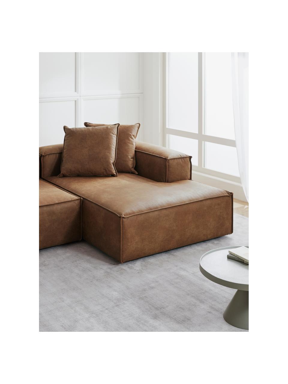 Canapé lounge modulable cuir recyclé Lennon, Cuir brun, larg. 418 x prof. 68 cm, méridienne à gauche