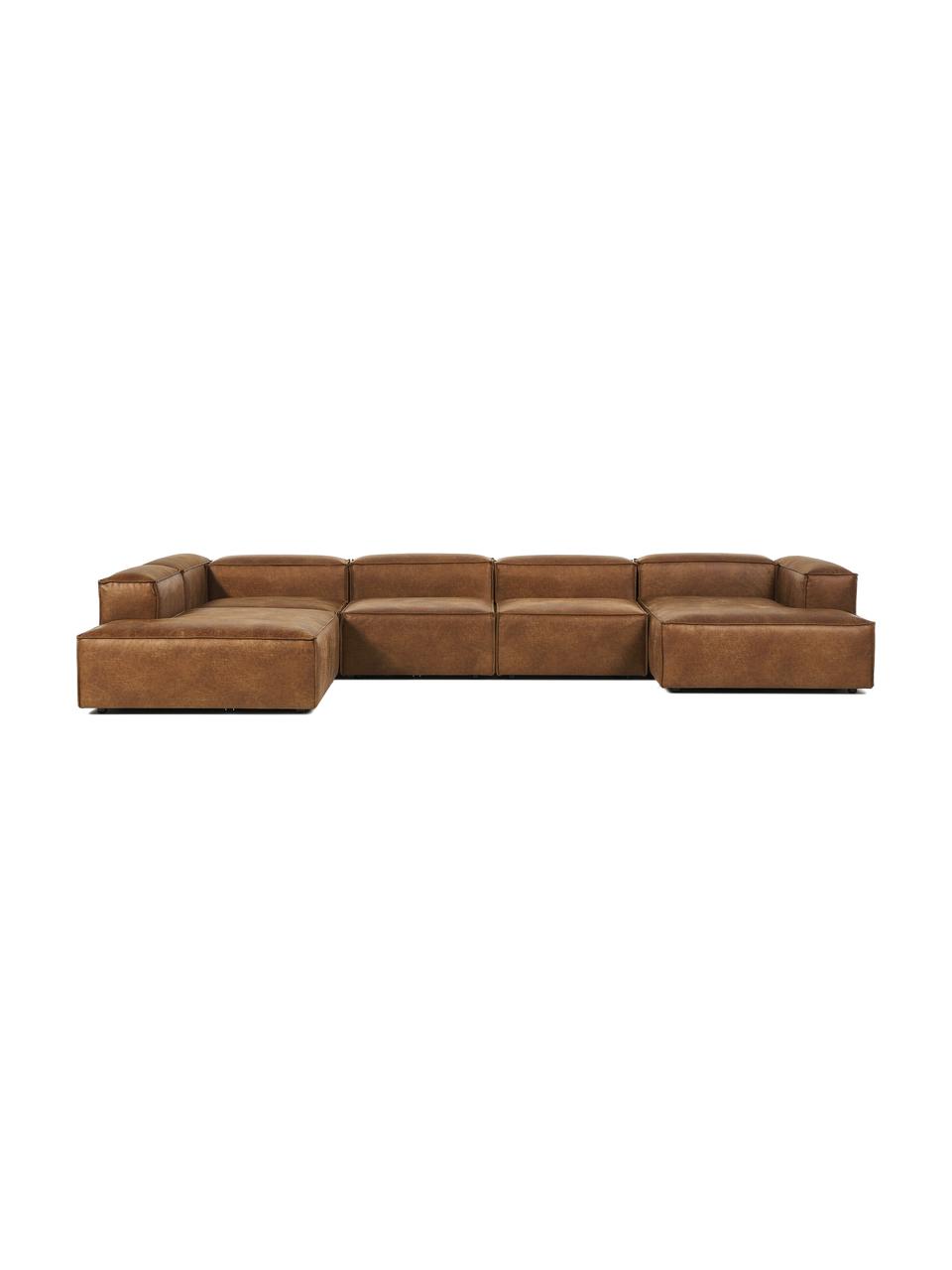 Sofa modułowa ze skóry z recyklingu Lennon, Tapicerka: skóra z recyklingu (70% s, Stelaż: lite drewno, sklejka, Nogi: tworzywo sztuczne, Brązowa skóra, S 418 x W 68 cm, lewostronna