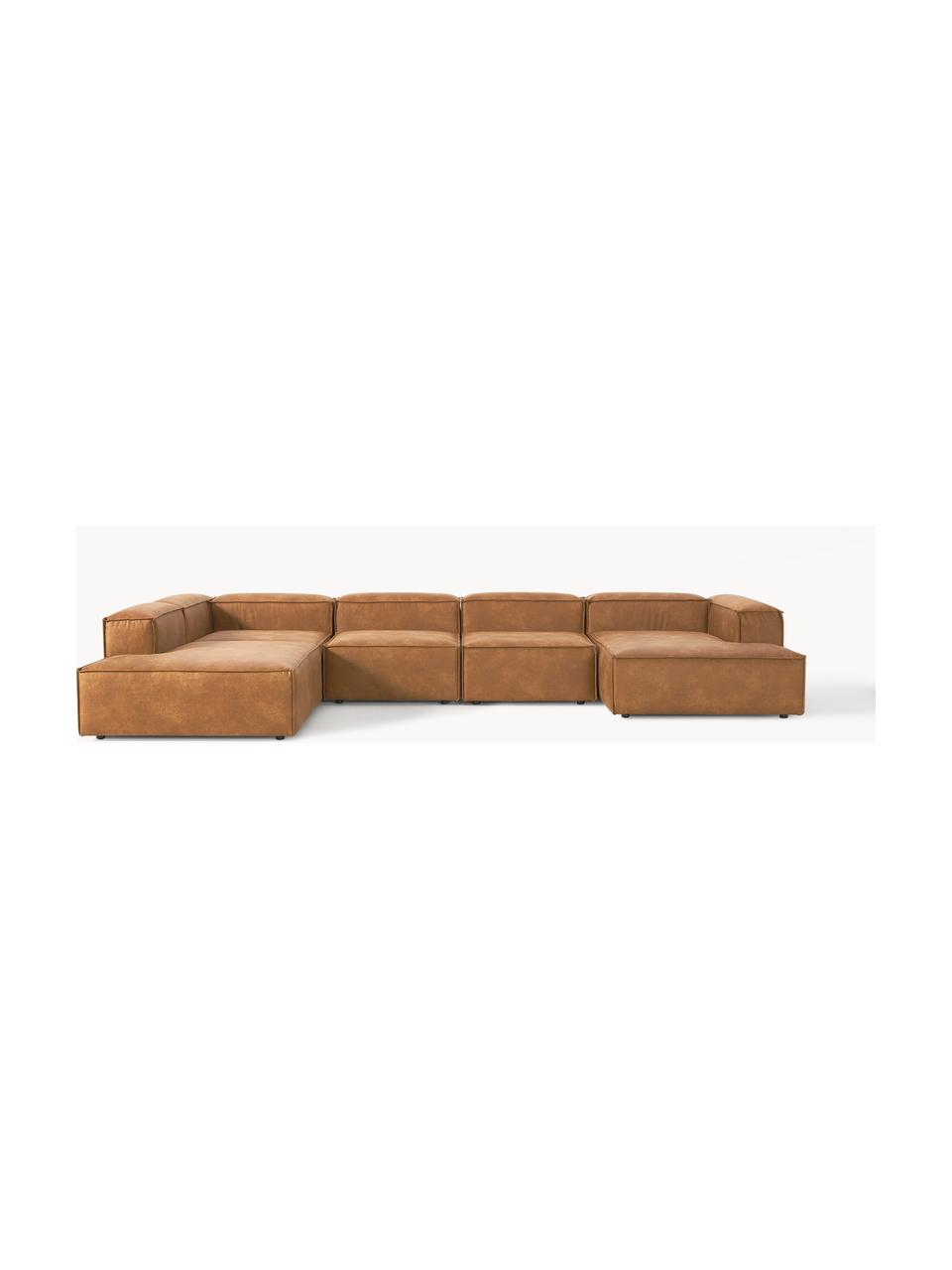 Canapé lounge modulable en cuir recyclé Lennon, Cuir brun, larg. 418 x prof. 269 cm, méridienne à droite
