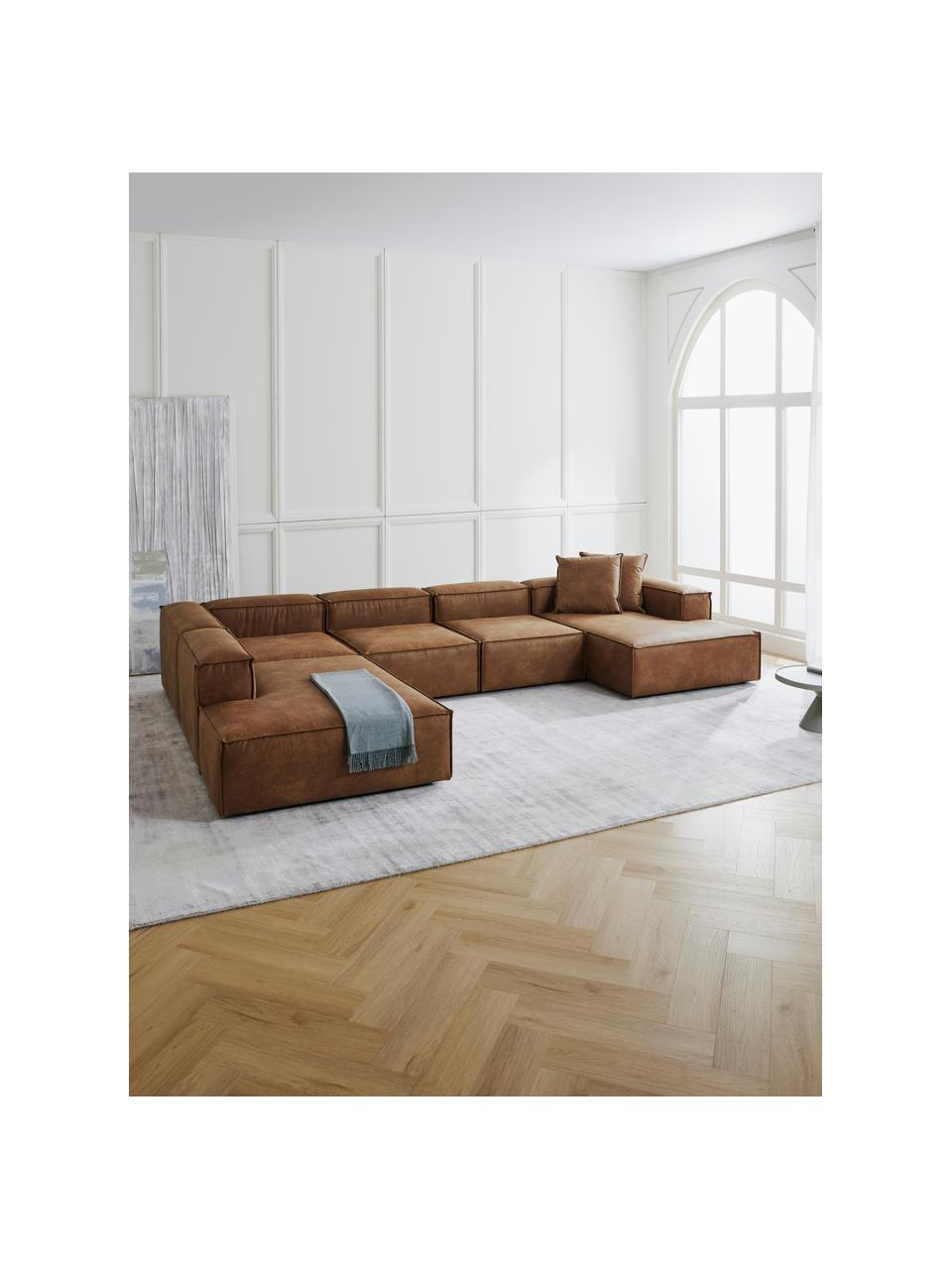 Modulaire woonlandschap Lennon van gerecycled leer, Bekleding: gerecycled leer (70% leer, Frame: massief hout, multiplex, Poten: kunststof Dit product is , Leer bruin, B 418 x D 269 cm, hoekdeel rechts