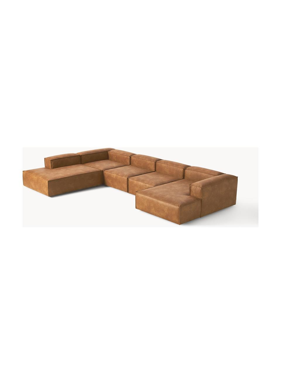 Modulaire woonlandschap Lennon van gerecycled leer, Bekleding: gerecycled leer (70% leer, Frame: massief hout, multiplex, Poten: kunststof Dit product is , Leer bruin, B 418 x D 269 cm, hoekdeel rechts