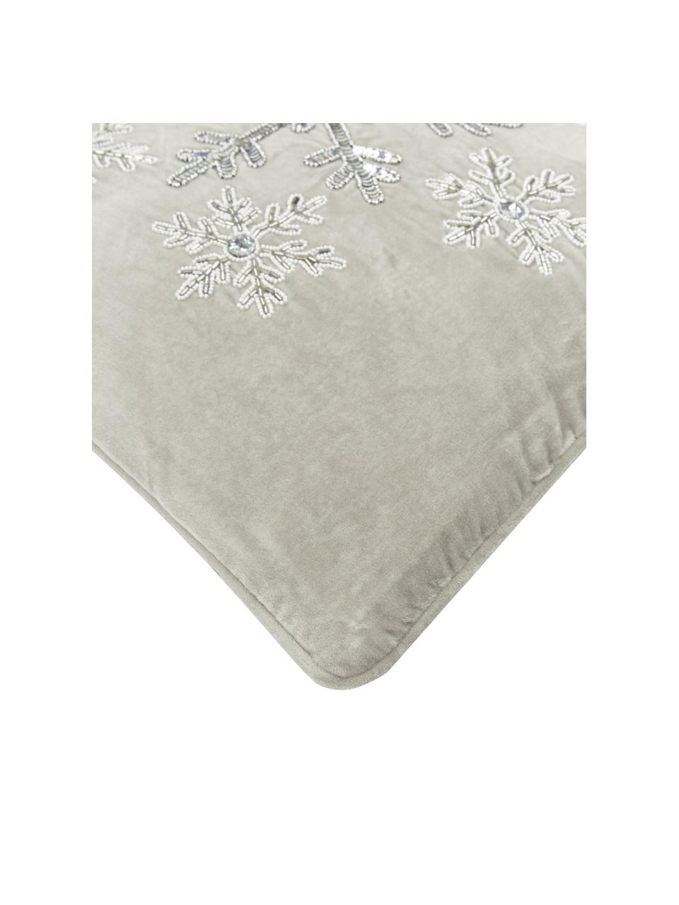 Bestickte Samt-Kissenhülle Snowflake in Grau, Samt (100% Baumwolle), Grau, 45 x 45 cm