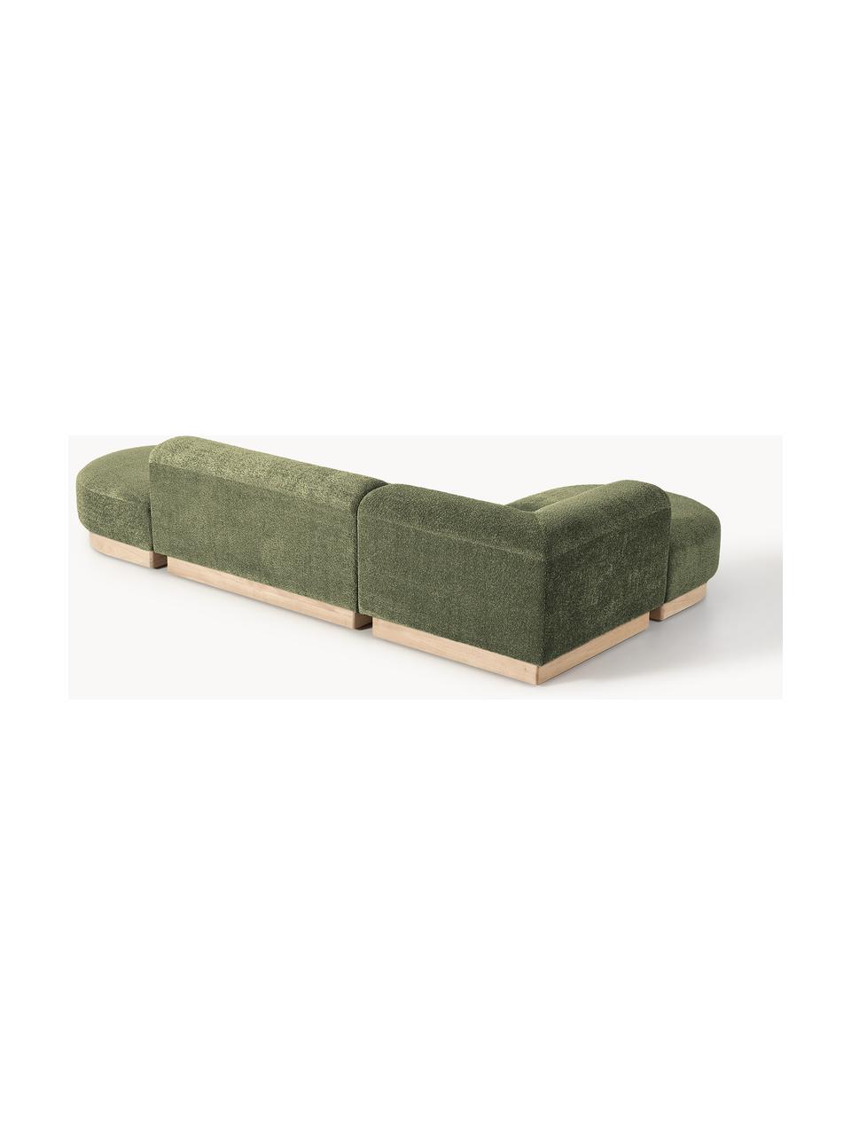 Modulares Ecksofa Natalie aus Teddy-Bouclé, Bezug: Teddy-Bouclé (100 % Polye, Gestell: mitteldichte Holzfaserpla, Sockel: Massives Buchenholz, lack, Teddy-Bouclé Dunkelgrün, helles Buchenholz, B 337 x T 197 cm, Eckteil links