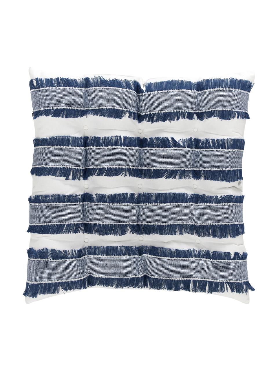 Katoenen stoelkussen Raja met franjes, Bekleding: 100% katoen, Crèmewit, blauw, B 40 x L 40 cm