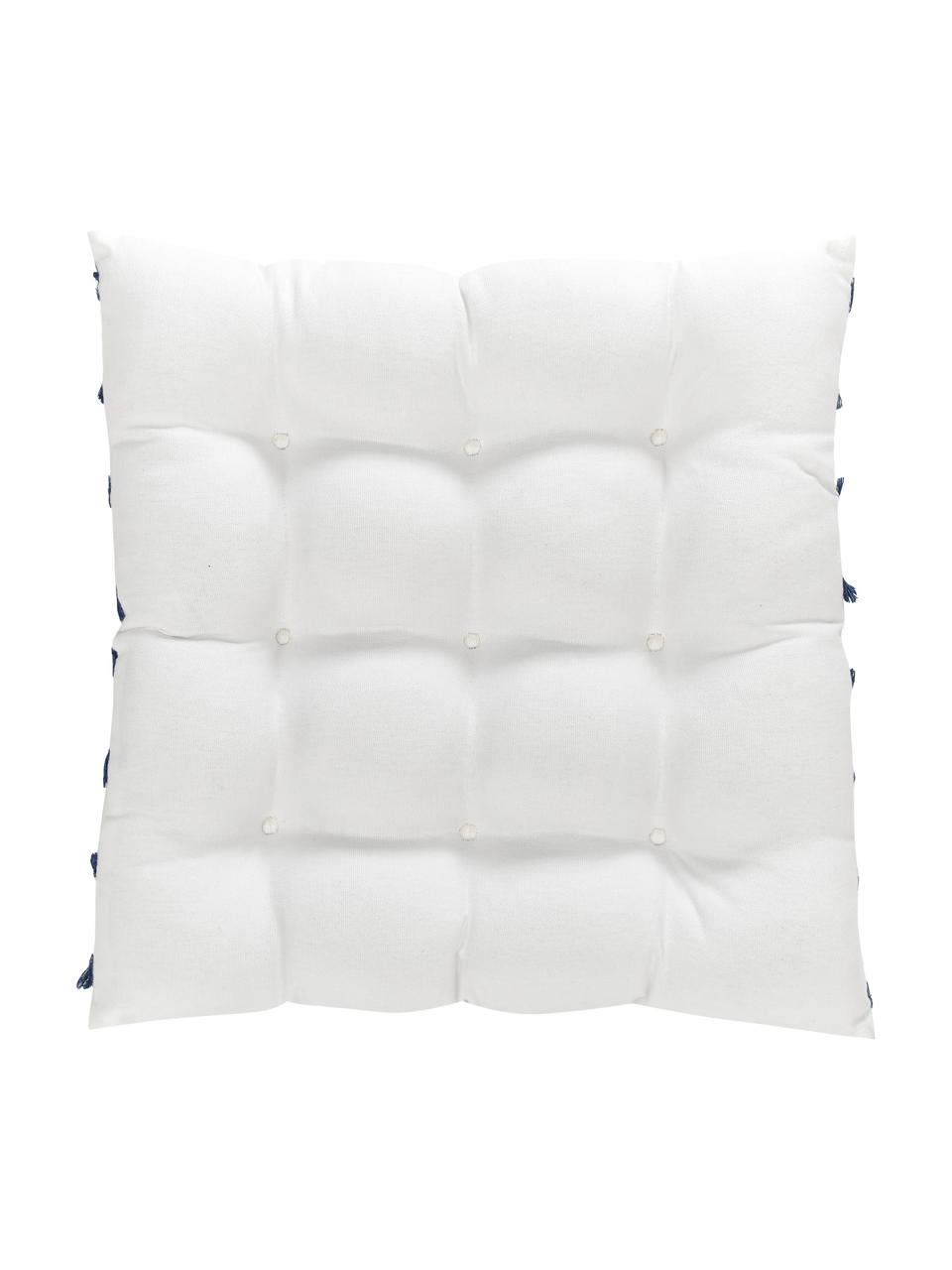 Cojín de asiento de algodón con flecos Raja, Tapizado: 100% algodón, Blanco crema, azul, An 40 x L 40 cm