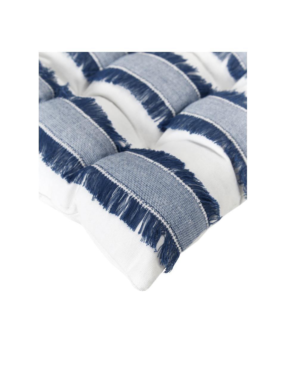 Cojín de asiento de algodón con flecos Raja, Tapizado: 100% algodón, Blanco crema, azul, An 40 x L 40 cm