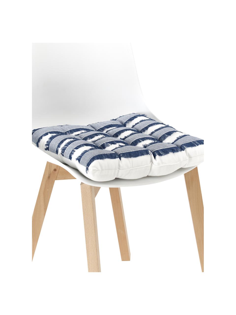 Katoenen stoelkussen Raja met franjes, Bekleding: 100% katoen, Crèmewit, blauw, B 40 x L 40 cm