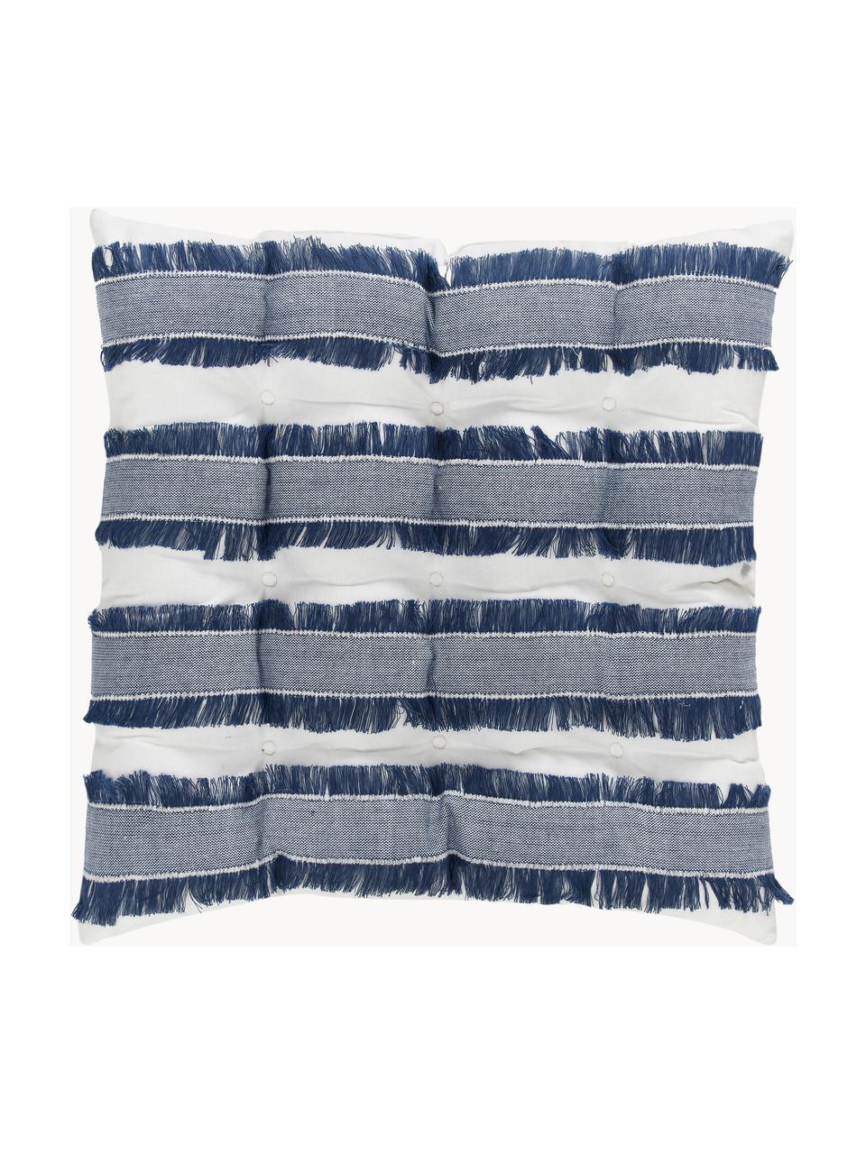 Cuscino sedia in cotone con frange Raja, Rivestimento: 100% cotone, Blu scuro, bianco crema, Larg. 40 x Lung. 40 cm