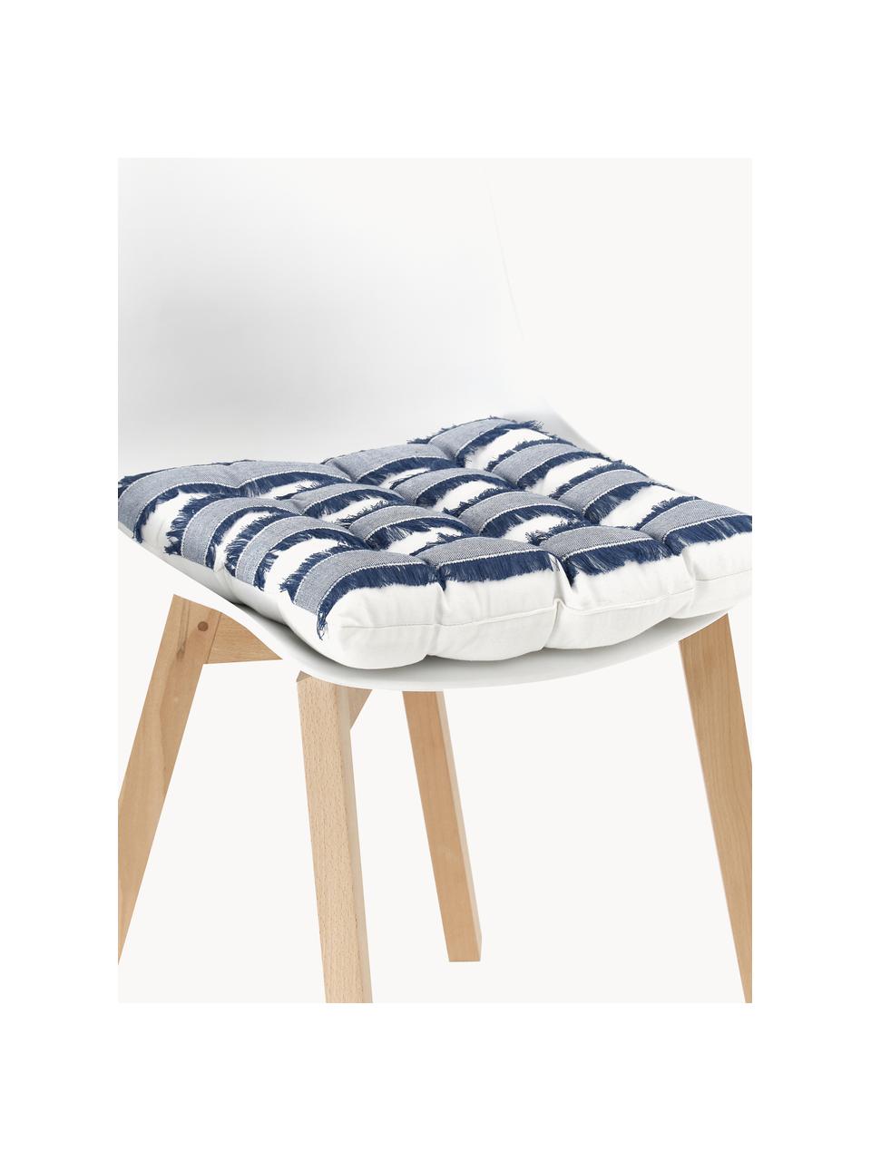 Coussin de chaise 40x40 en coton avec franges Raja, Bleu foncé, blanc crème, larg. 40 x long. 40 cm