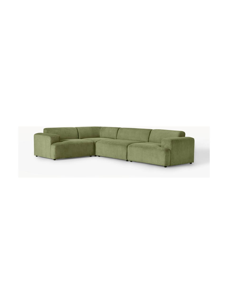 Grosses Ecksofa Melva (4-Sitzer) aus Cord, Bezug: Cord (92 % Polyester, 8 %, Gestell: Massives Kiefernholz, Spe, Cord Olivgrün, B 339 x T 220 cm, Eckteil links