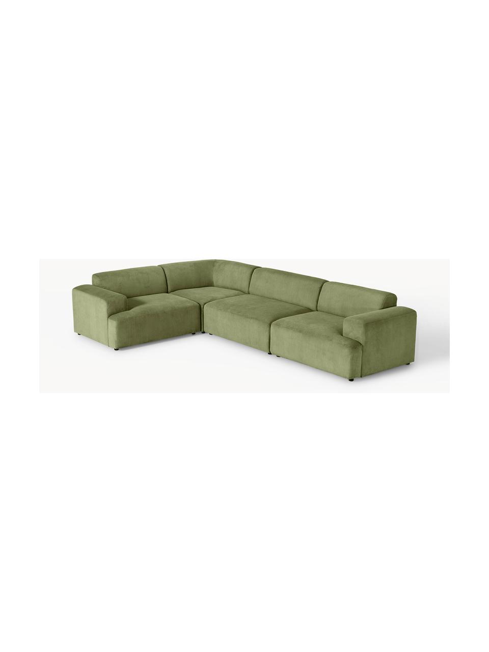 Grand canapé d'angle 4 places en velours côtelé Melva, Velours côtelé vert olive, larg. 339 x prof. 220 cm, dossier à droite