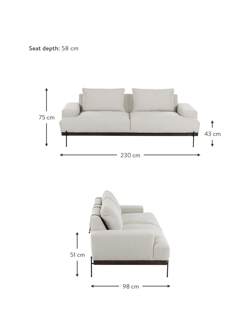 Sofa z metalowymi nogami Brooks (3-osobowa), Tapicerka: poliester Tapicerka nie j, Stelaż: lite drewno sosnowe z cer, Nogi: metal malowany proszkowo, Beżowa tkanina, S 230 x G 98 cm