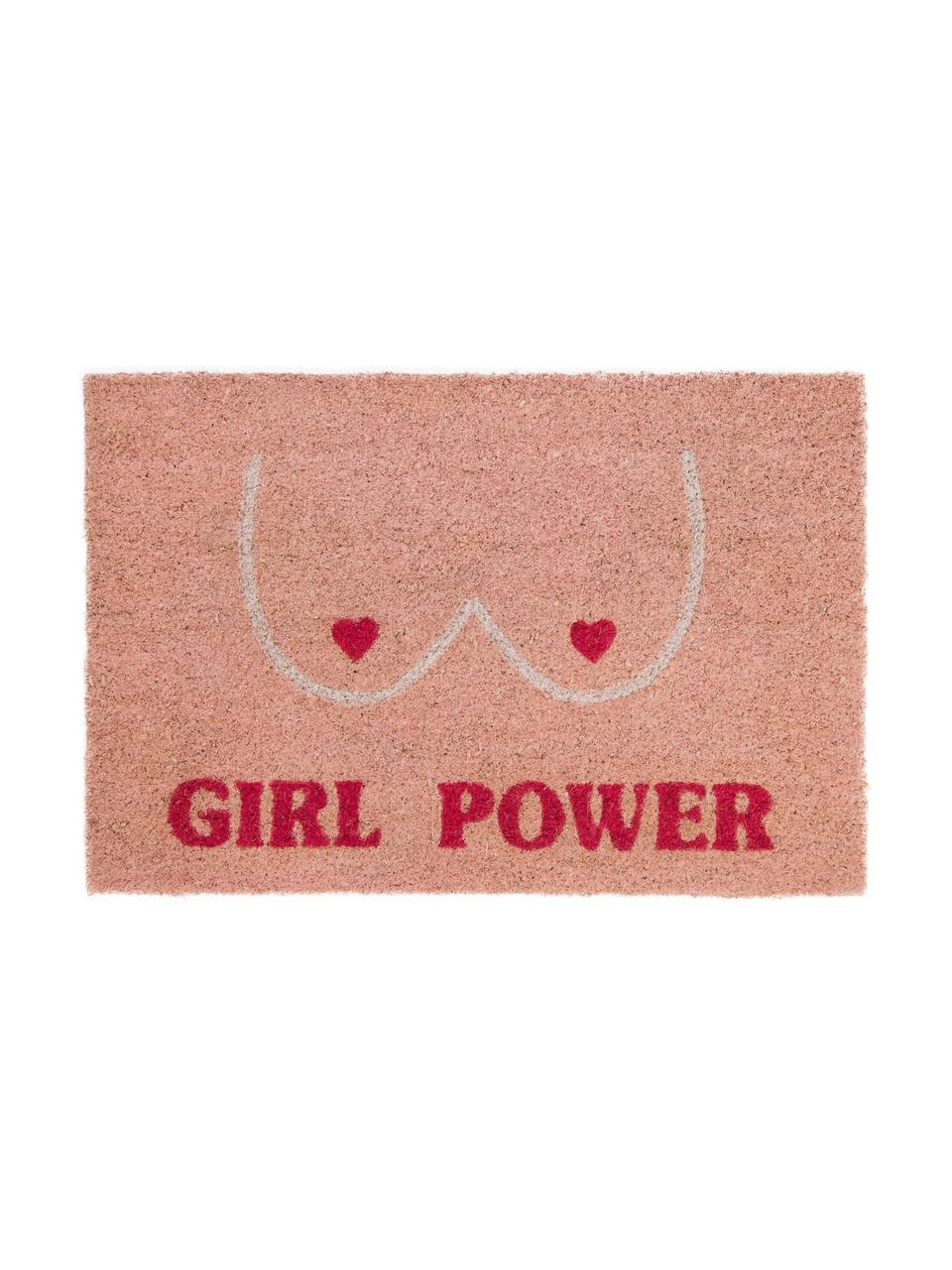 Felpudo Girl Power, Parte superior: fibras de coco, Reverso: PVC, Rosa, An 40 x L 60 cm