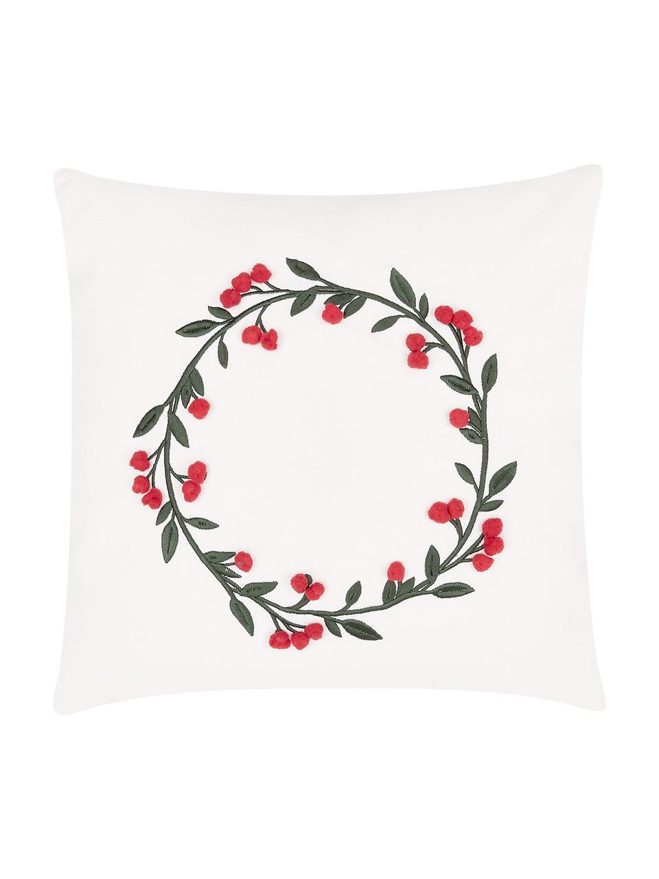 Federa arredo in velluto ricamata Christmas Wreath, Bianco crema, Larg. 40 x Lung. 40 cm